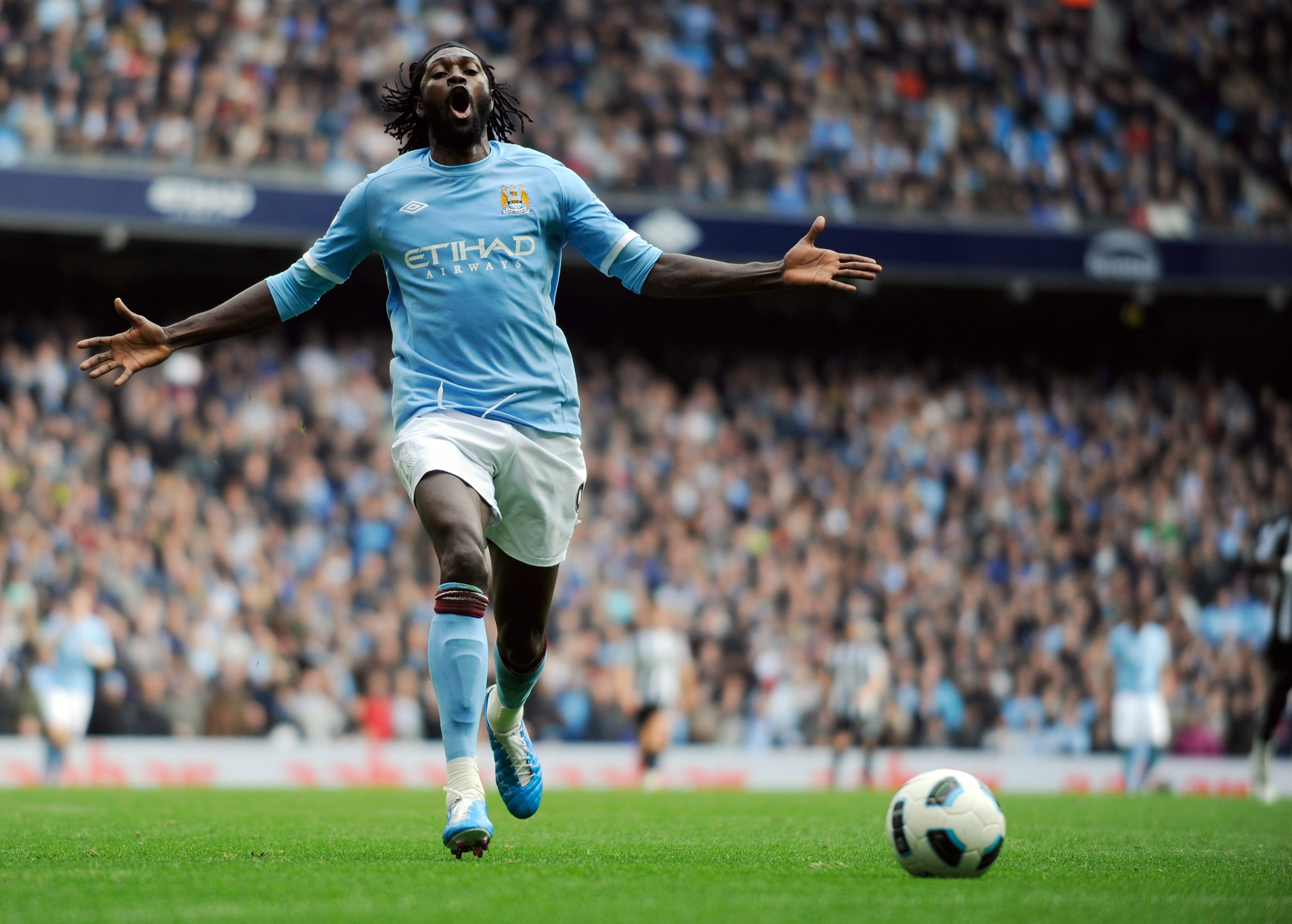 MANCHESTER, ENGLAND - OCTOBER 03: Emmanuel Adebayor of Manchester City looks frustrated after being caught offside during the Barclays Premier League match between Manchester City and Newcastle United at the City of Manchester Stadium on October 3, 2010 i