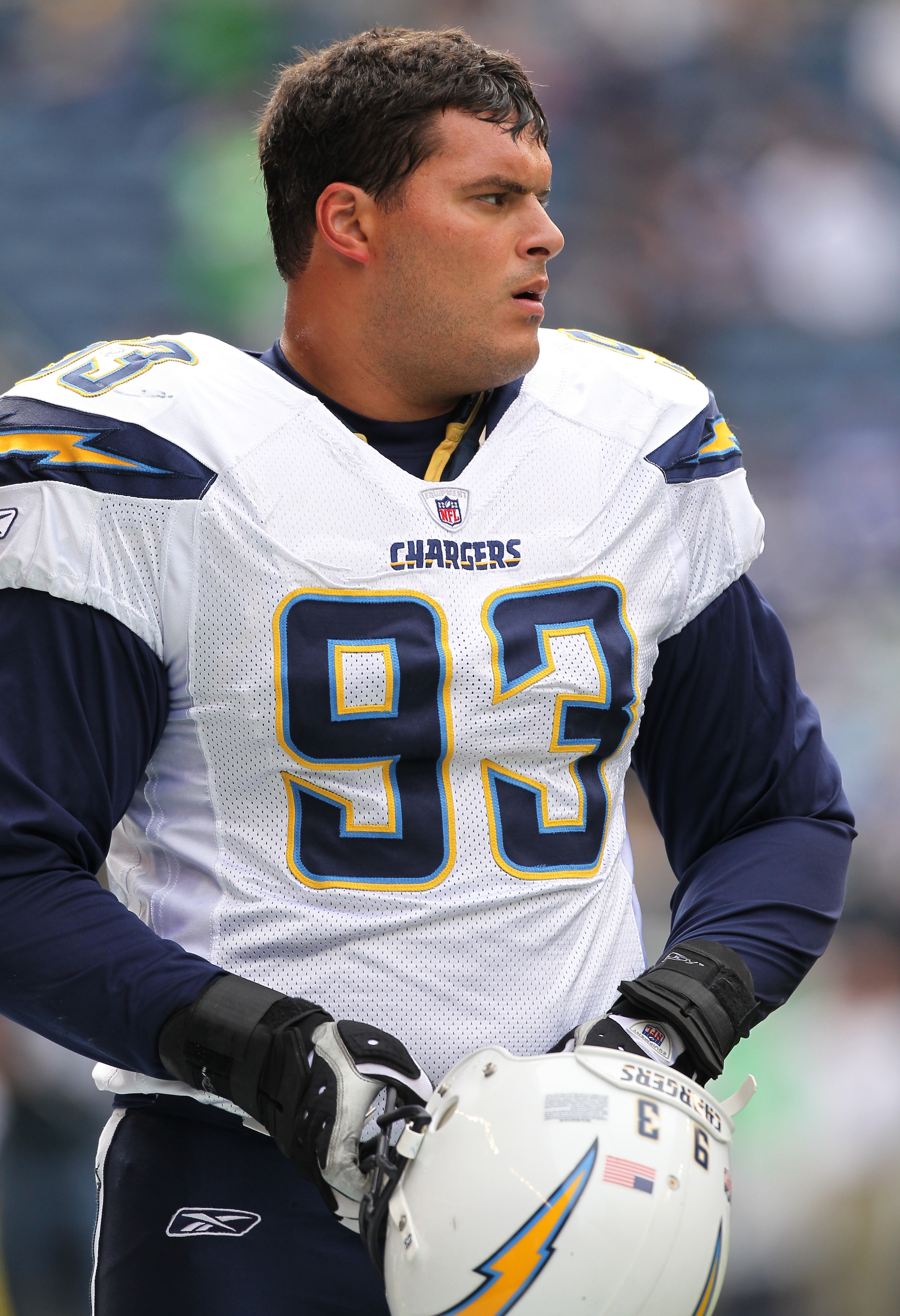 SEATTLE - SEPTEMBER 26: Defensive end Luis Castillo #93 of the San Diego Chargers looks on during warmups prior to the game against the Seattle Seahawks at Qwest Field on September 26, 2010 in Seattle, Washington. (Photo by Otto Greule Jr/Getty Images) SEATTLE - SEPTEMBER 26: Defensive end Luis Castillo #93 of the San Diego Chargers looks on during warmups prior to the game against the Seattle Seahawks at Qwest Field on September 26, 2010 in Seattle, Washington. (Photo by Otto Greule Jr/Getty Images)