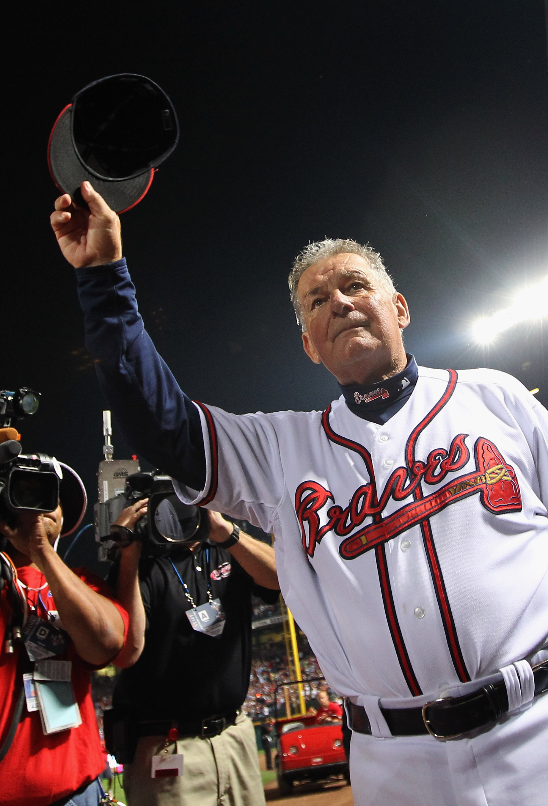ATLANTA - OCTOBER 11: Manager Bobby Cox #6 of the Atlanta Braves waves to the crowd after the Braves were defeated by the San Francisco Giants 3-2 during Game Four of the NLDS of the 2010 MLB Playoffs on October 11, 2010 at Turner Field in Atlanta, Geor