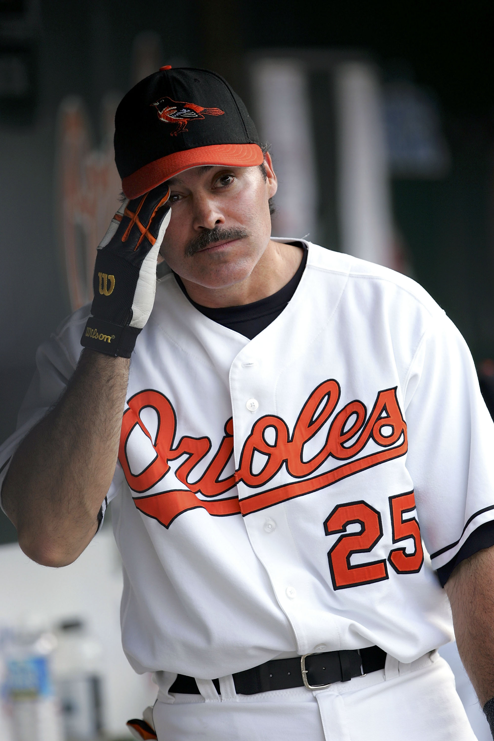 BALTIMORE, MD - AUGUST 29: Rafael Palmiero #25 of the Baltimore Orioles watches from the dugout during the game against the Oakland Athletics on August 29, 2005 at Camden Yards in Baltimore, Maryland.  (Photo By Jamie Squire/Getty Images)