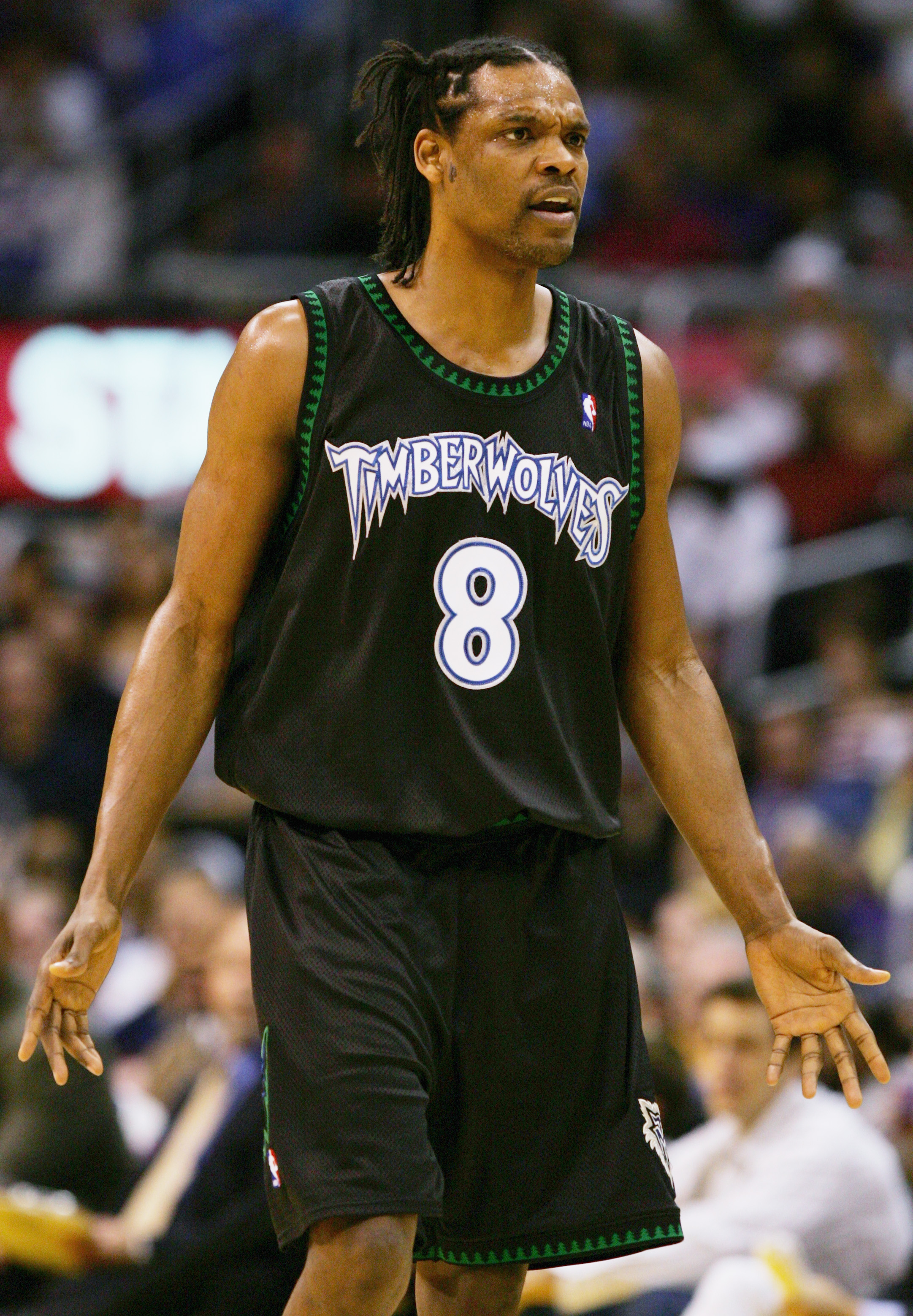 LOS ANGELES - MARCH 31:  Latrell Sprewell #8 of the Minnesota Timberwolves looks on during a break in action against the Los Angeles Lakers on March 31, 2005 at Staples Center in Los Angeles, California. NOTE TO USER: User expressly acknowledges and agree