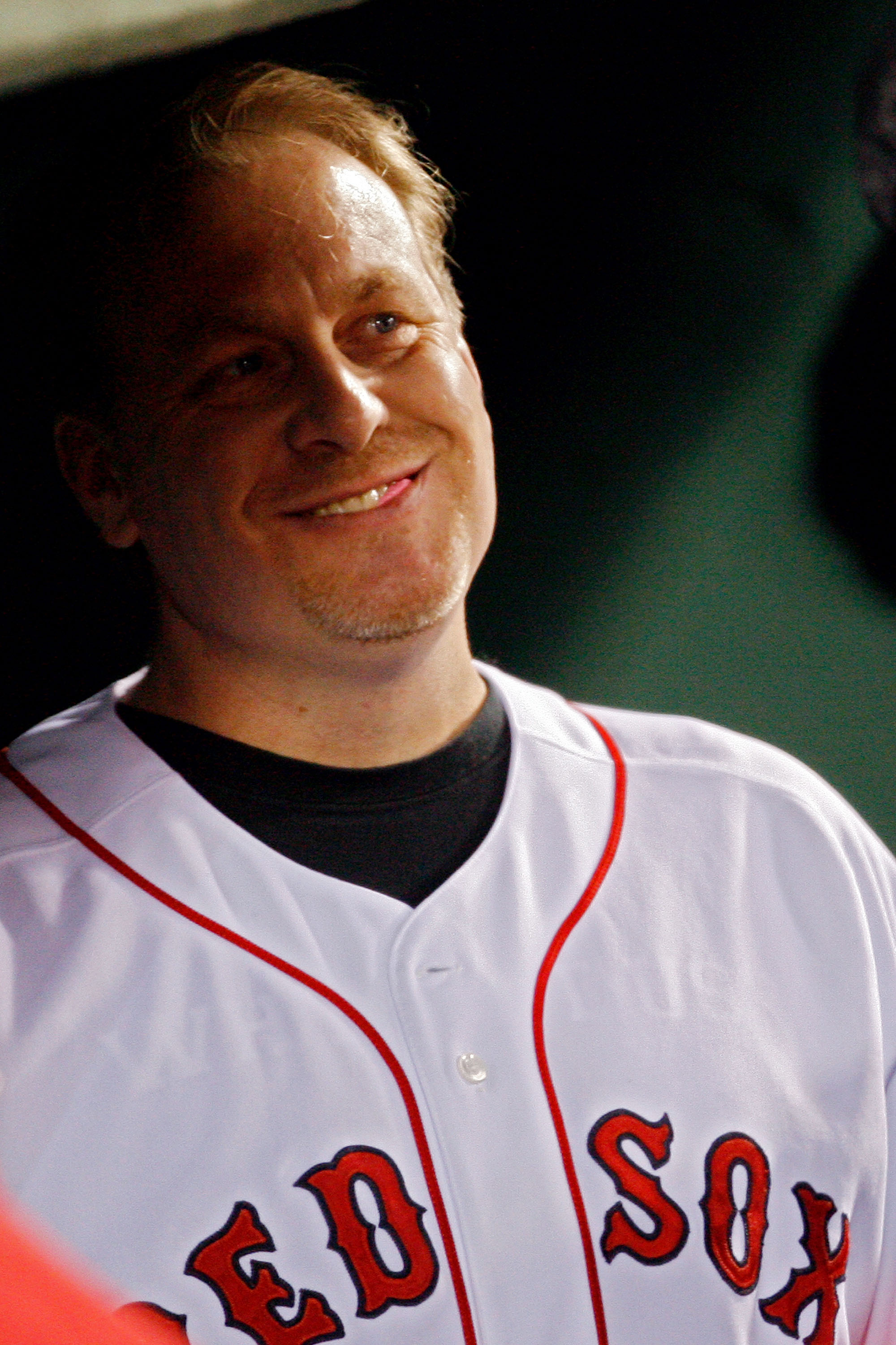 BOSTON - OCTOBER 16:  Curt Schilling of the Boston Red Sox looks on before game five of the American League Championship Series against the Tampa Bay Rays during the 2008 MLB playoffs at Fenway Park on October 16, 2008 in Boston, Massachusetts.  (Photo by