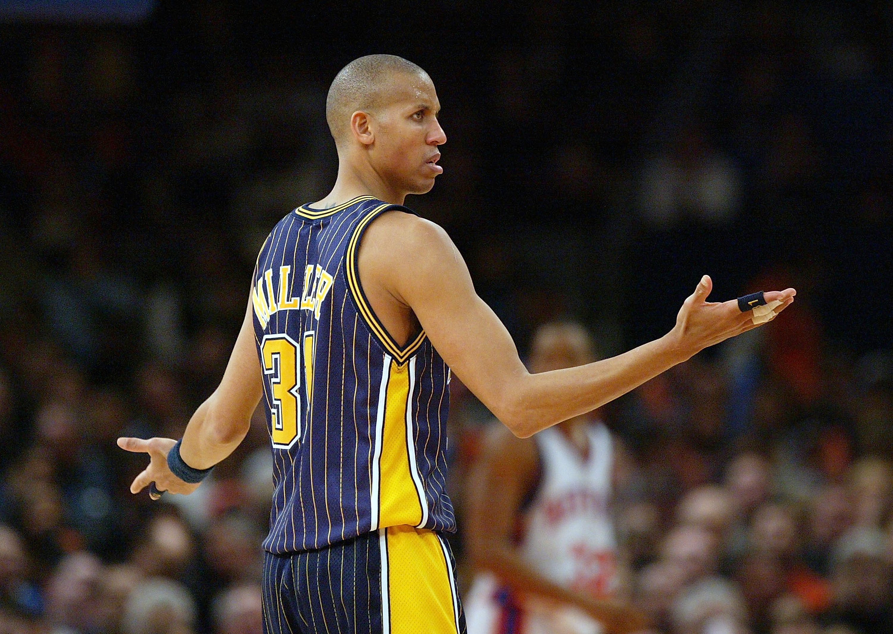 NEW YORK - FEBRUARY 3:  Reggie Miller #31 of the Indiana Pacers questions a call during their game against the New York Knicks on February 3, 2004 at Madison Square Garden in New York City. The Knicks won 97-90.  NOTE TO USER: User expressly acknowledges