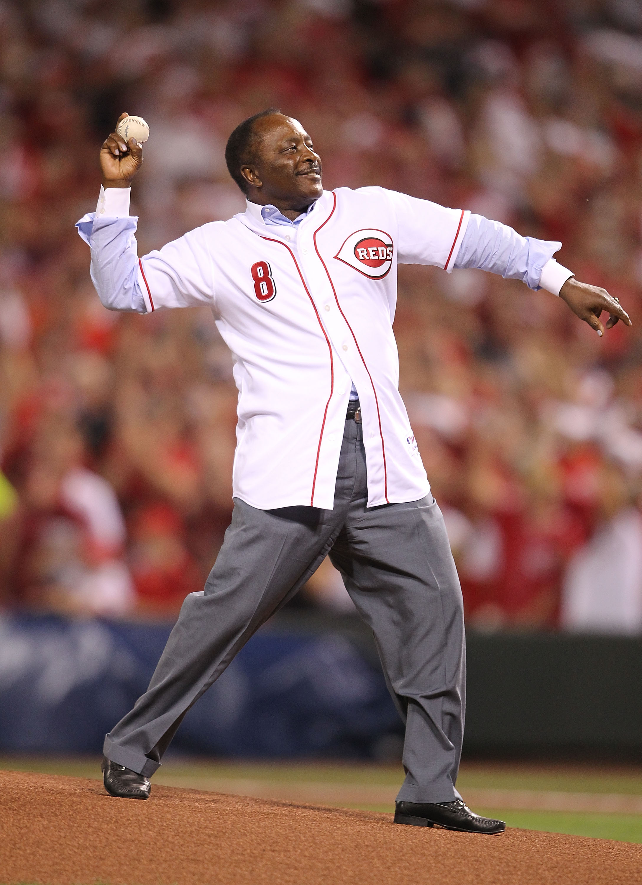 CINCINNATI - OCTOBER 10:  Joe Morgan throws out the first pitch before the Philadelphia Phillies game against the Cincinnati Reds during Game 3 of the NLDS at Great American Ball Park on October 10, 2010 in Cincinnati, Ohio.  (Photo by Andy Lyons/Getty Im