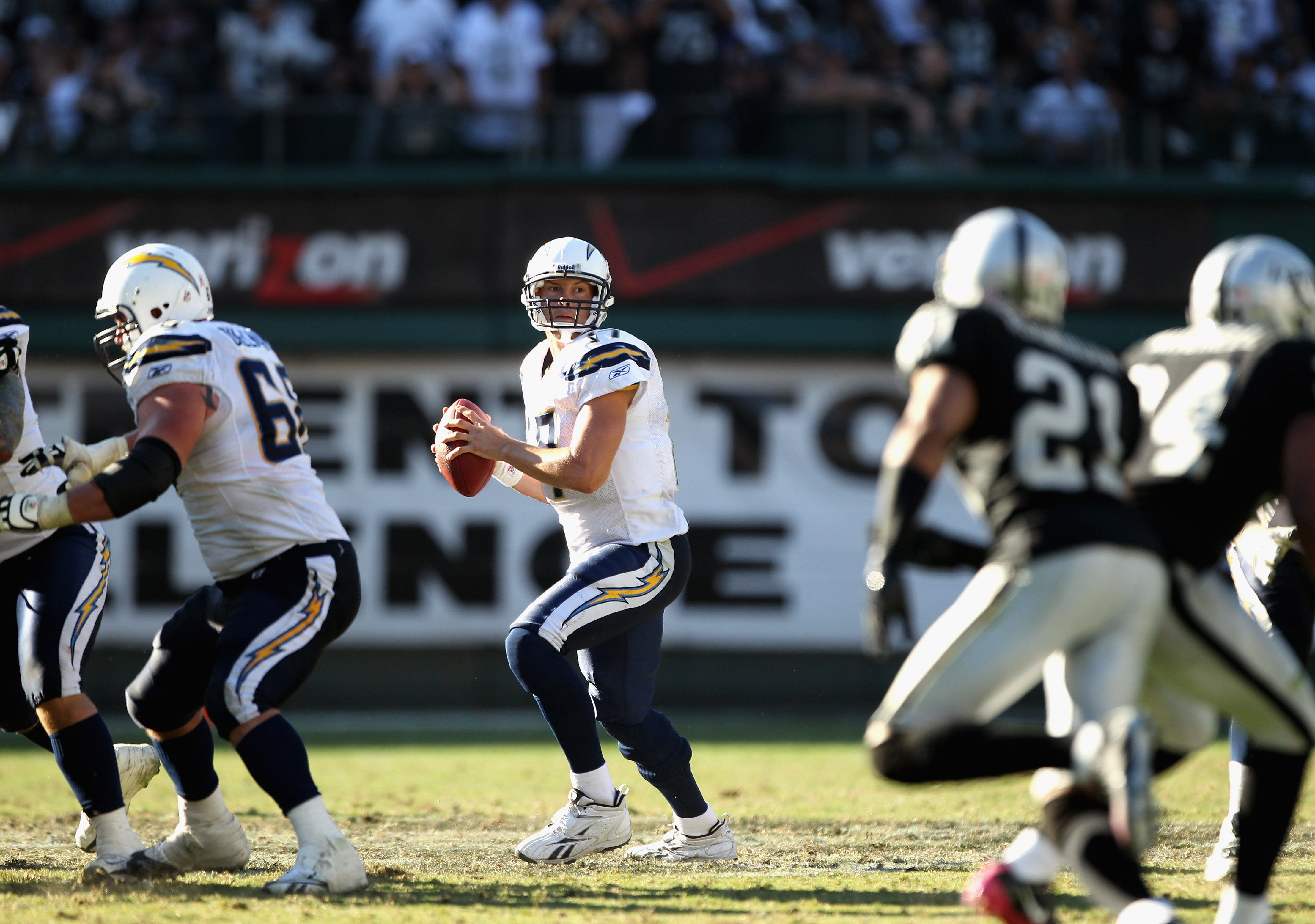 OAKLAND, CA - OCTOBER 10:  Philip Rivers #17 of the San Diego Chargers drops back to pass against the Oakland Raiders at Oakland-Alameda County Coliseum on October 10, 2010 in Oakland, California.  (Photo by Ezra Shaw/Getty Images)