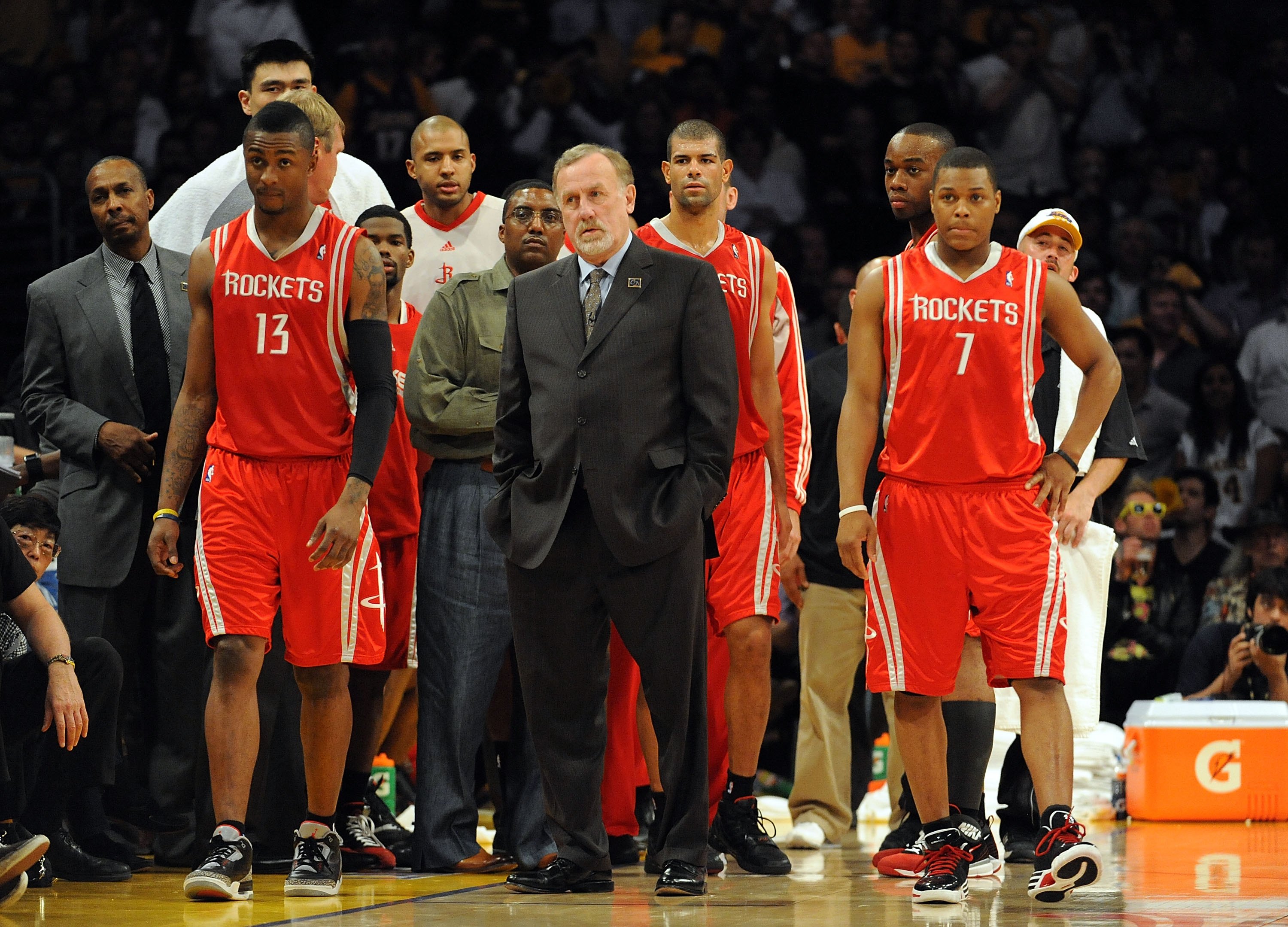 LOS ANGELES, CA - MAY 06:  Head coach Rick Adelman and the Houston Rockets bench stand against the Los Angeles Lakers in Game Two of the Western Conference Semifinals during the 2009 NBA Playoffs at Staples Center on May 6, 2009 in Los Angeles, California