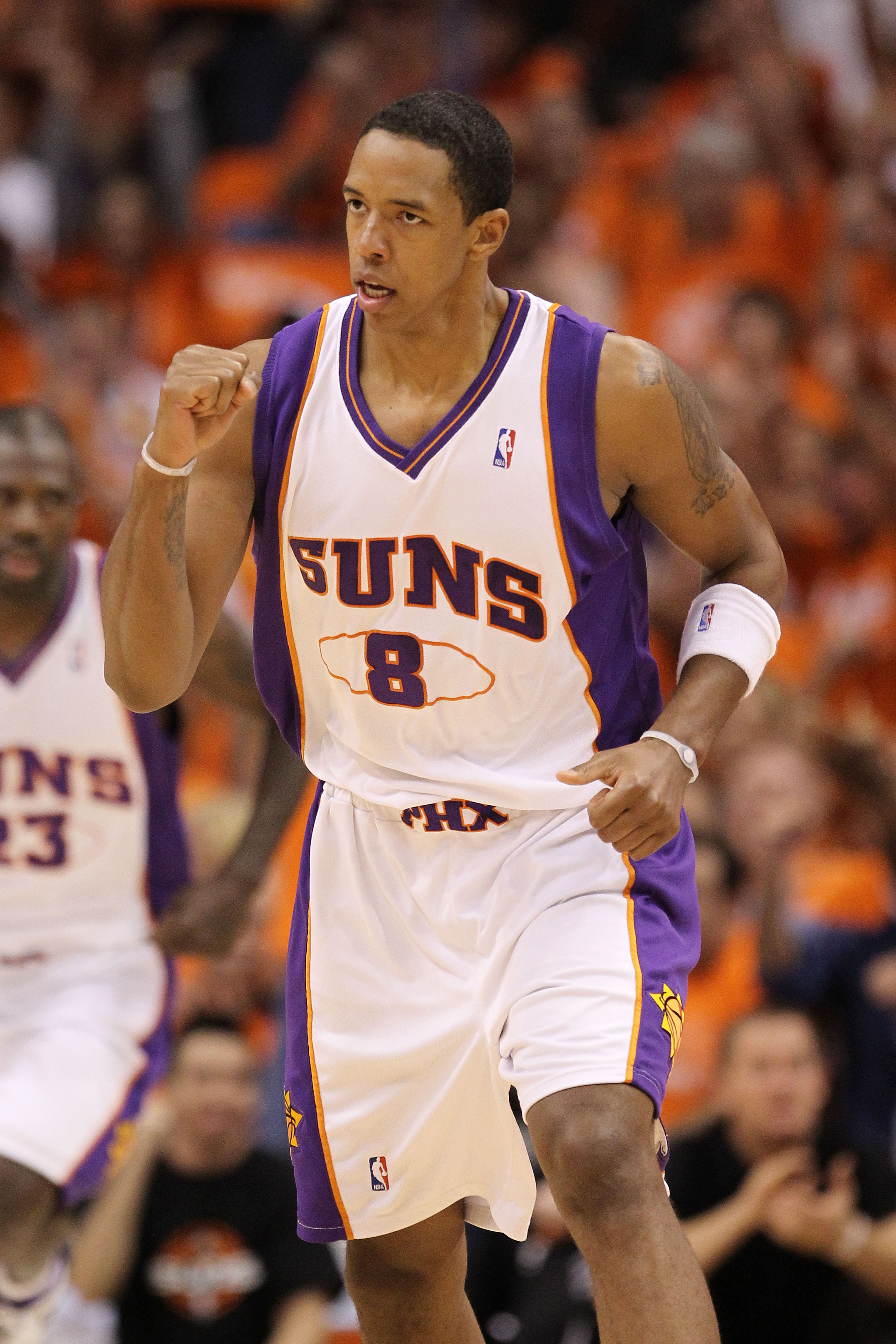 PHOENIX - MAY 29: Channing Frye #8 of the Phoenix Suns reacts after a three-point basket against the Los Angeles Lakers in the first quarter of Game Six of the Western Conference Finals during the 2010 NBA Playoffs at US Airways Center on May 29, 2010 in