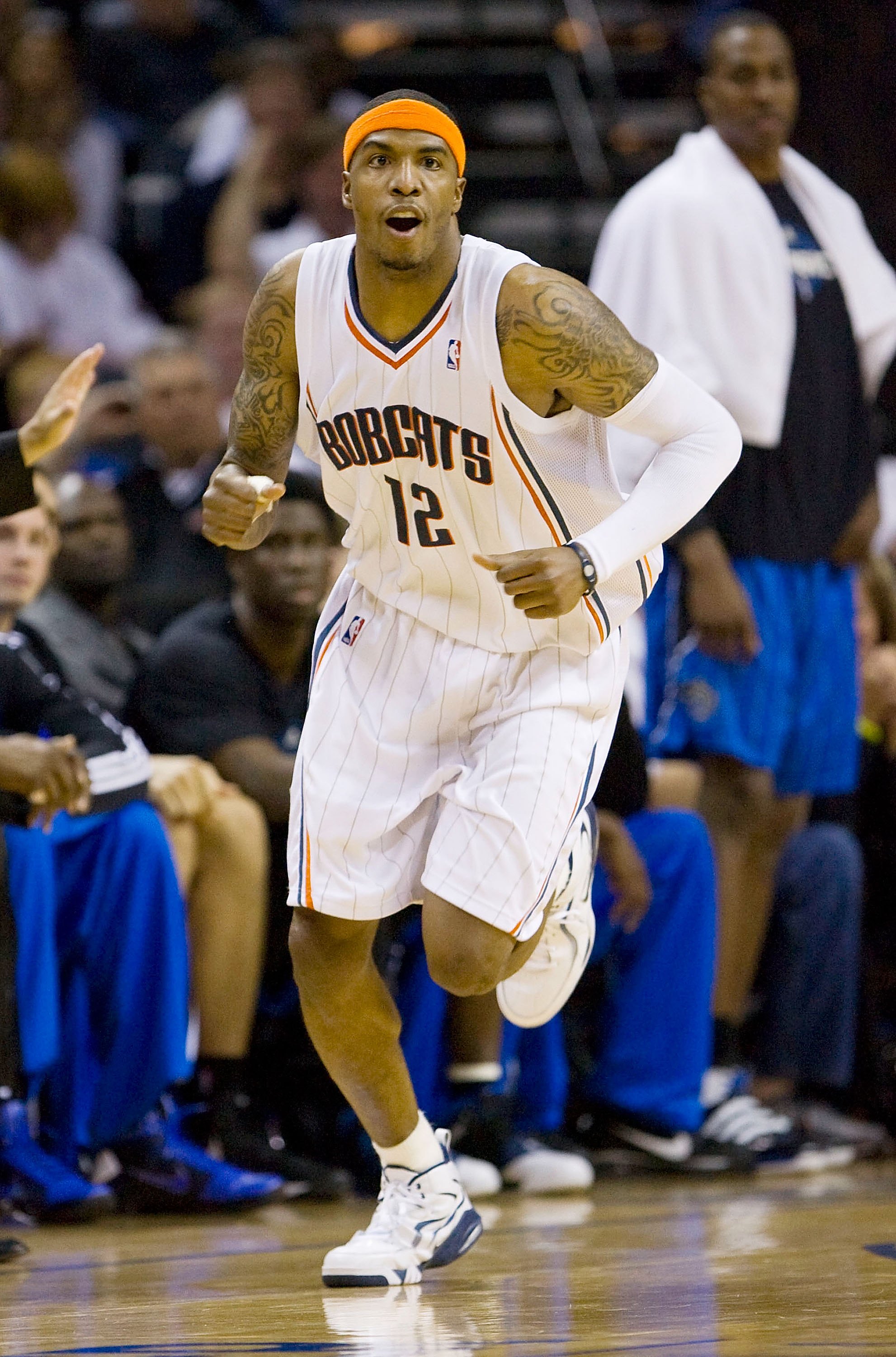 CHARLOTTE, NC - APRIL 26: Tyrus Thomas #12 of the Charlotte Bobcats reacts after making a basket against the Orlando Magic at Time Warner Cable Arena on April 26, 2010 in Charlotte, North Carolina.  The Magic defeated the Bobcats 99-90 to complete the fou