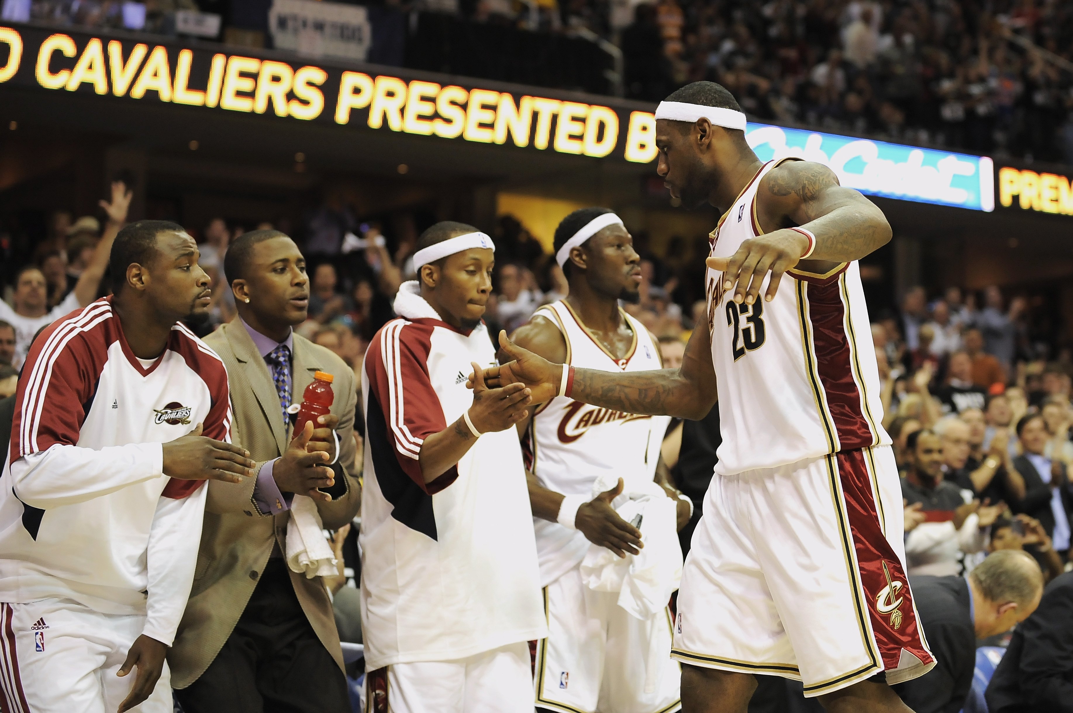 CLEVELAND - MAY 5: LeBron James #23 of the Cleveland Cavaliers heads to the bench in Game One of the Eastern Conference Semifinals against the Atlanta Hawks during the 2009 NBA Playoffs at Quicken Loans Arena on May 5, 2009 in Cleveland, Ohio. The Cavali