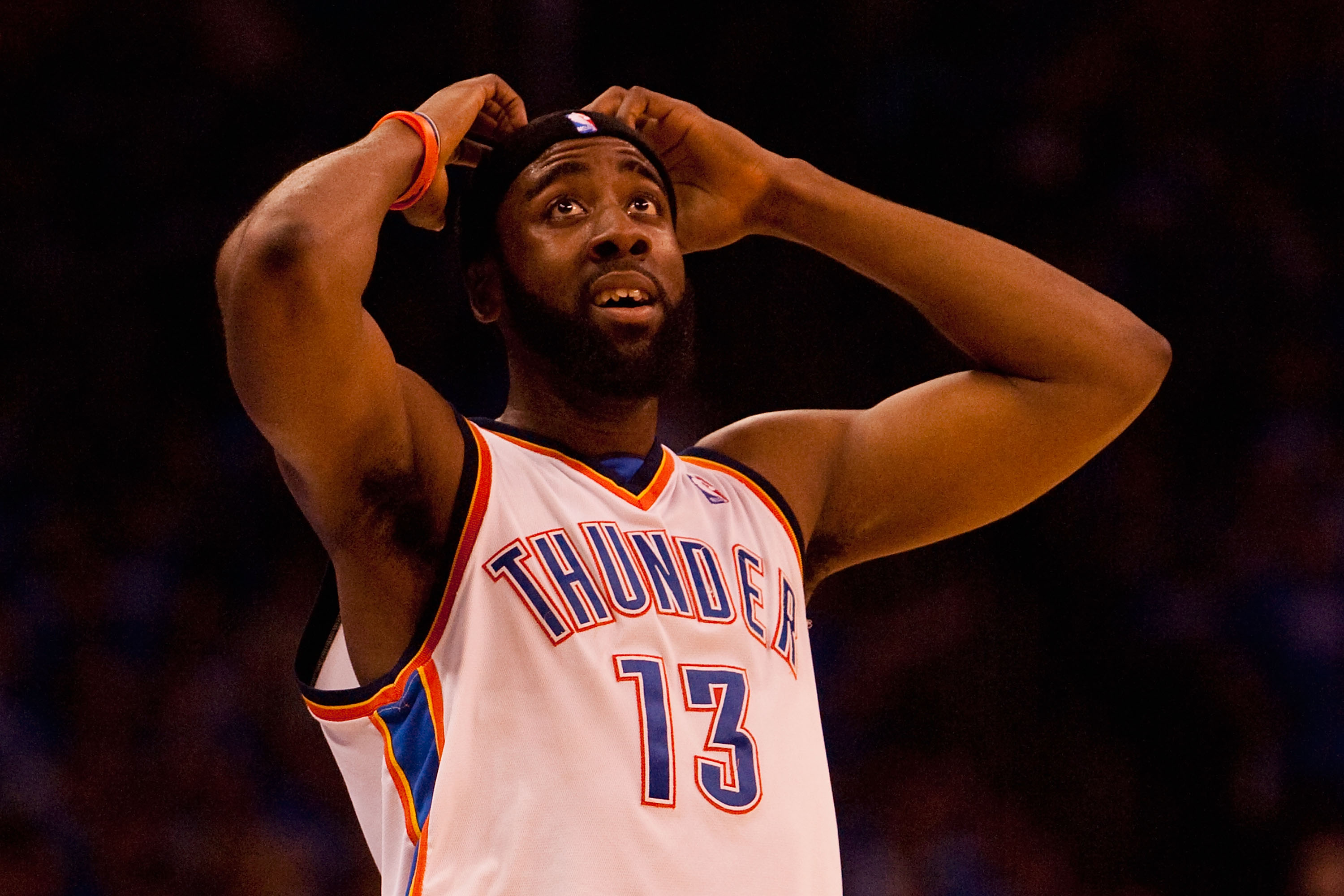 OKLAHOMA CITY - APRIL 22: James Harden #13 of the Oklahoma City Thunder reacts to a foul called on him against the Los Angeles Lakers during Game Three of the Western Conference Quarterfinals of the 2010 NBA Playoffs on April 22, 2010 at the Ford Center i
