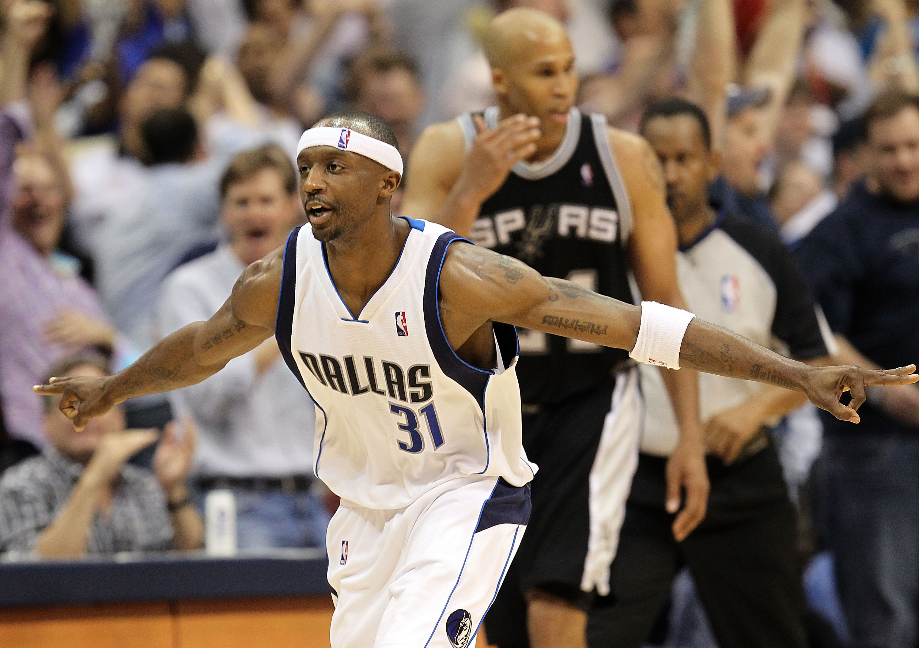 DALLAS - APRIL 21:  Guard Jason Terry #31 of the Dallas Mavericks reacts after scoring a three point shot against the San Antonio Spurs in Game Two of the Western Conference Quarterfinals during the 2010 NBA Playoffs at American Airlines Center on April 2