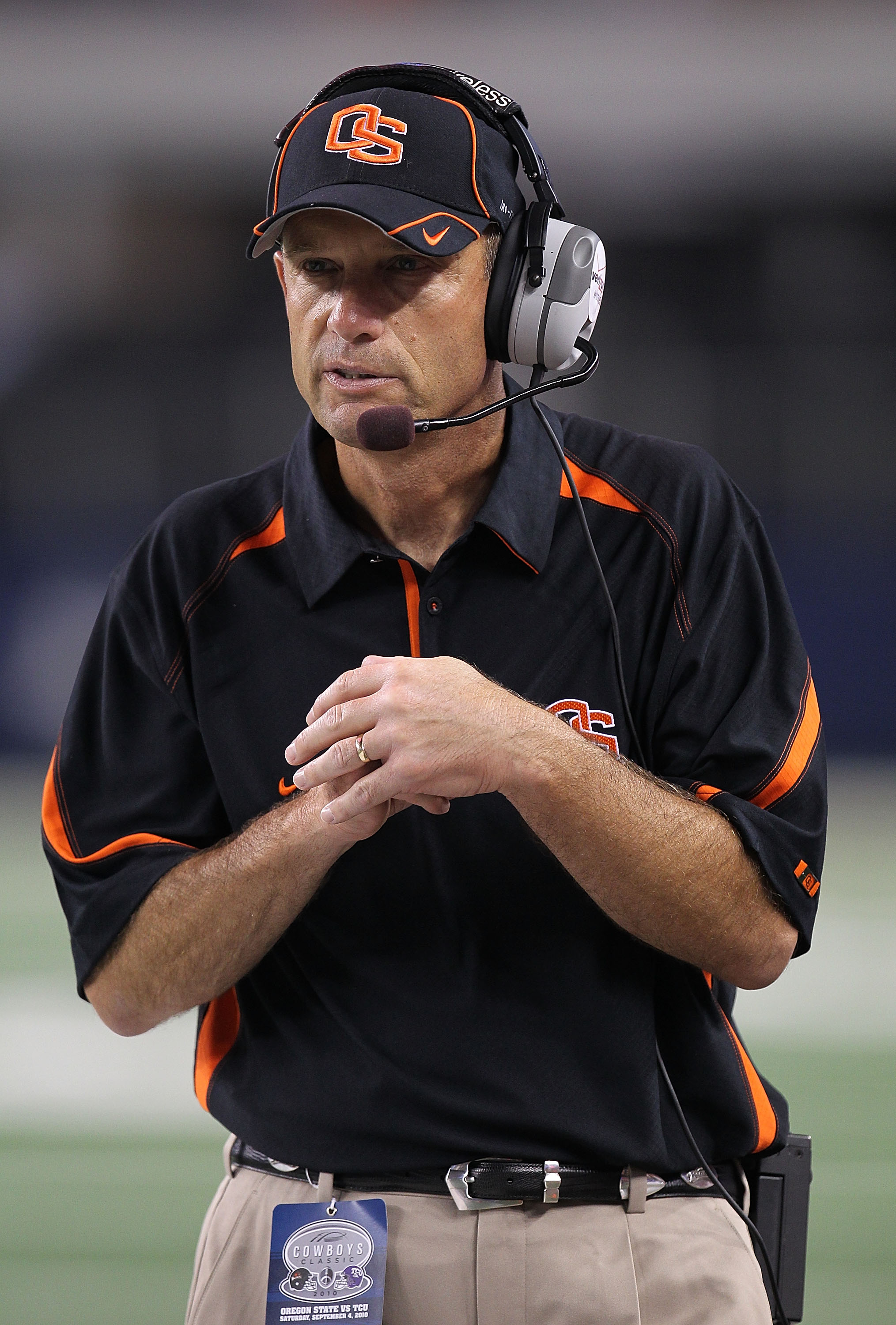 ARLINGTON, TX - SEPTEMBER 04: Head coach Mike Riley of the Oregon State Beavers on the sidelines during play against the TCU Horned Frogs at Cowboys Stadium on September 4, 2010 in Arlington, Texas. (Photo by Ronald Martinez/Getty Images)