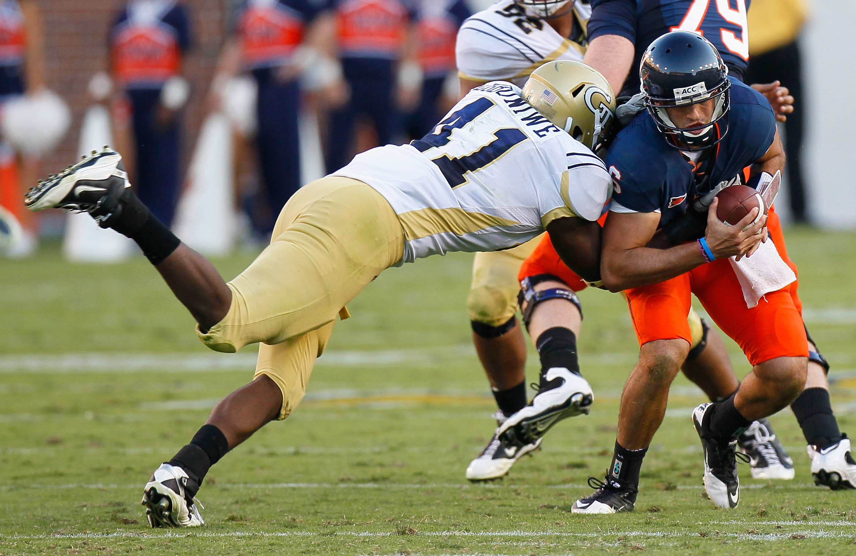 ATLANTA - OCTOBER 09: Anthony Egbuniwe #41 of the Georgia Tech Yellow Jackets sacks quarterback Marc Verica #6 of the Virginia Cavaliers at Bobby Dodd Stadium on October 9, 2010 in Atlanta, Georgia. (Photo by Kevin C. Cox/Getty Images)
