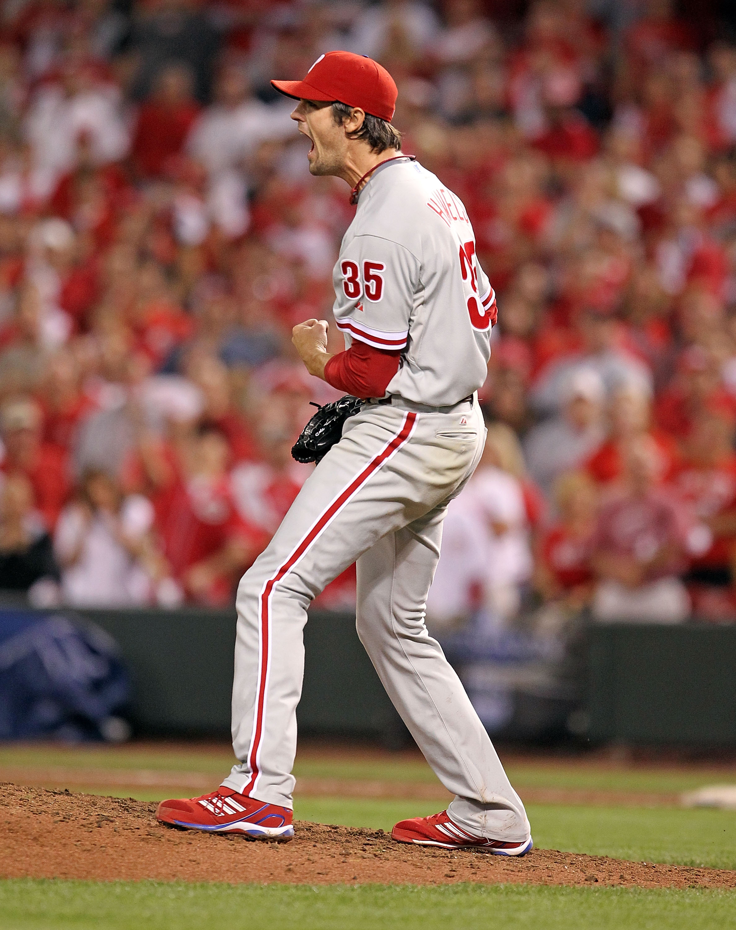 CINCINNATI - OCTOBER 10:  Cole Hamels #35 of the Philadelphia Phillies celebrates a complete game shut-out against the Cincinnati Reds during Game 3 of the NLDS at Great American Ball Park on October 10, 2010 in Cincinnati, Ohio.The Phillies defeated the