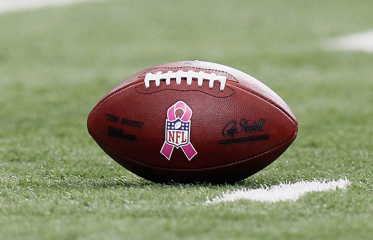 ATLANTA - OCTOBER 03:  General view of a game ball with a logo in recognition of Breast Cancer Awareness Month during the game between the Atlanta Falcons and the San Francisco 49ers at Georgia Dome on October 3, 2010 in Atlanta, Georgia.  (Photo by Kevin