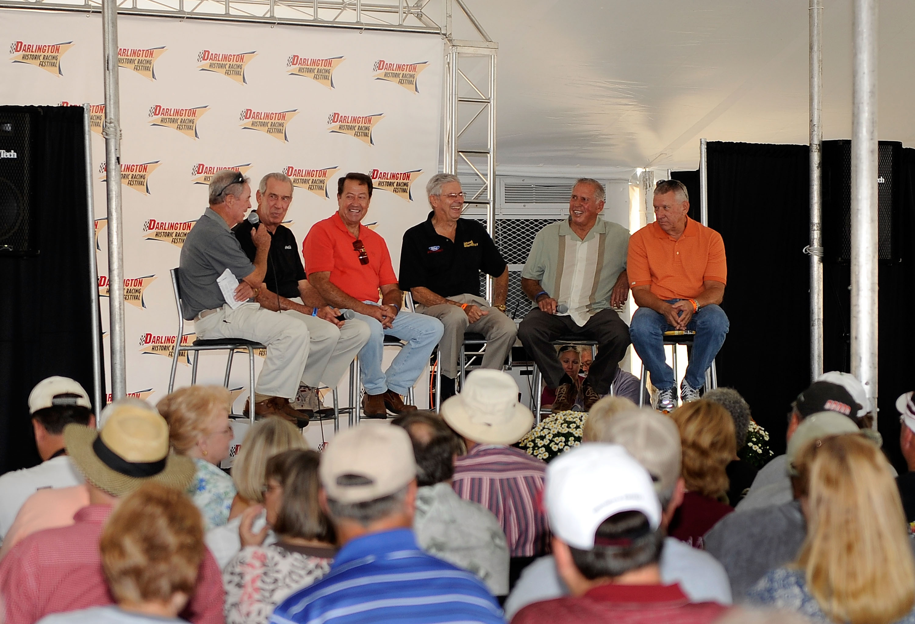 DARLINGTON, SC - SEPTEMBER 25:  Fans attend the Legends Q&A session to see Barney Hall, Ned Jarrett, Harry Gant, Leonard Wood, David Pearson, and Waddell Wilson during the Darlington Historic Racing Festival at Darlington Raceway on September 25, 2010 in