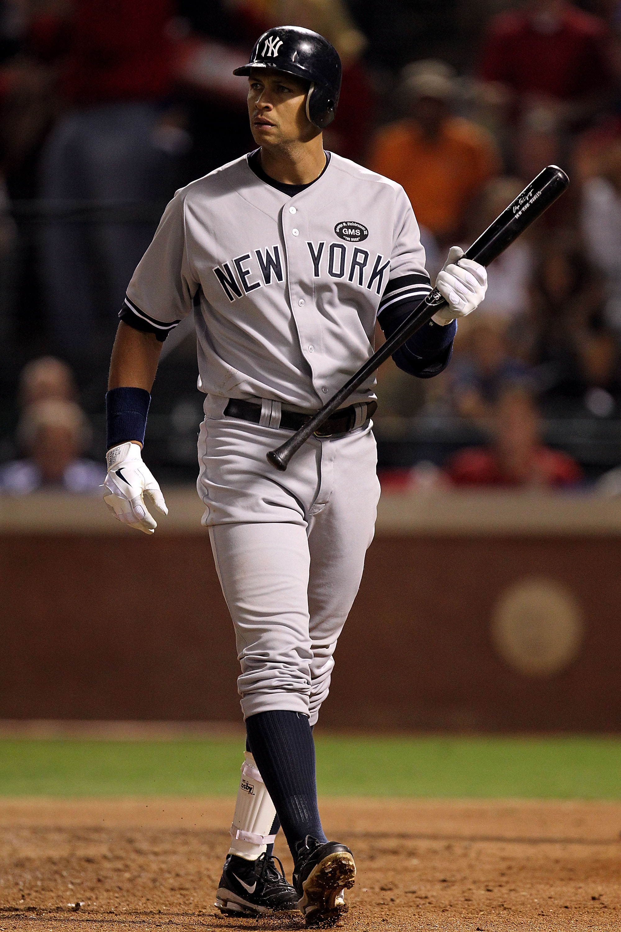 ARLINGTON, TX - OCTOBER 15:  Alex Rodriguez #13 of the New York Yankees  reacts after he struck out in the second inningagainst the Texas Rangers in Game One of the ALCS during the 2010 MLB Playoffs at Rangers Ballpark in Arlington on October 15, 2010 in