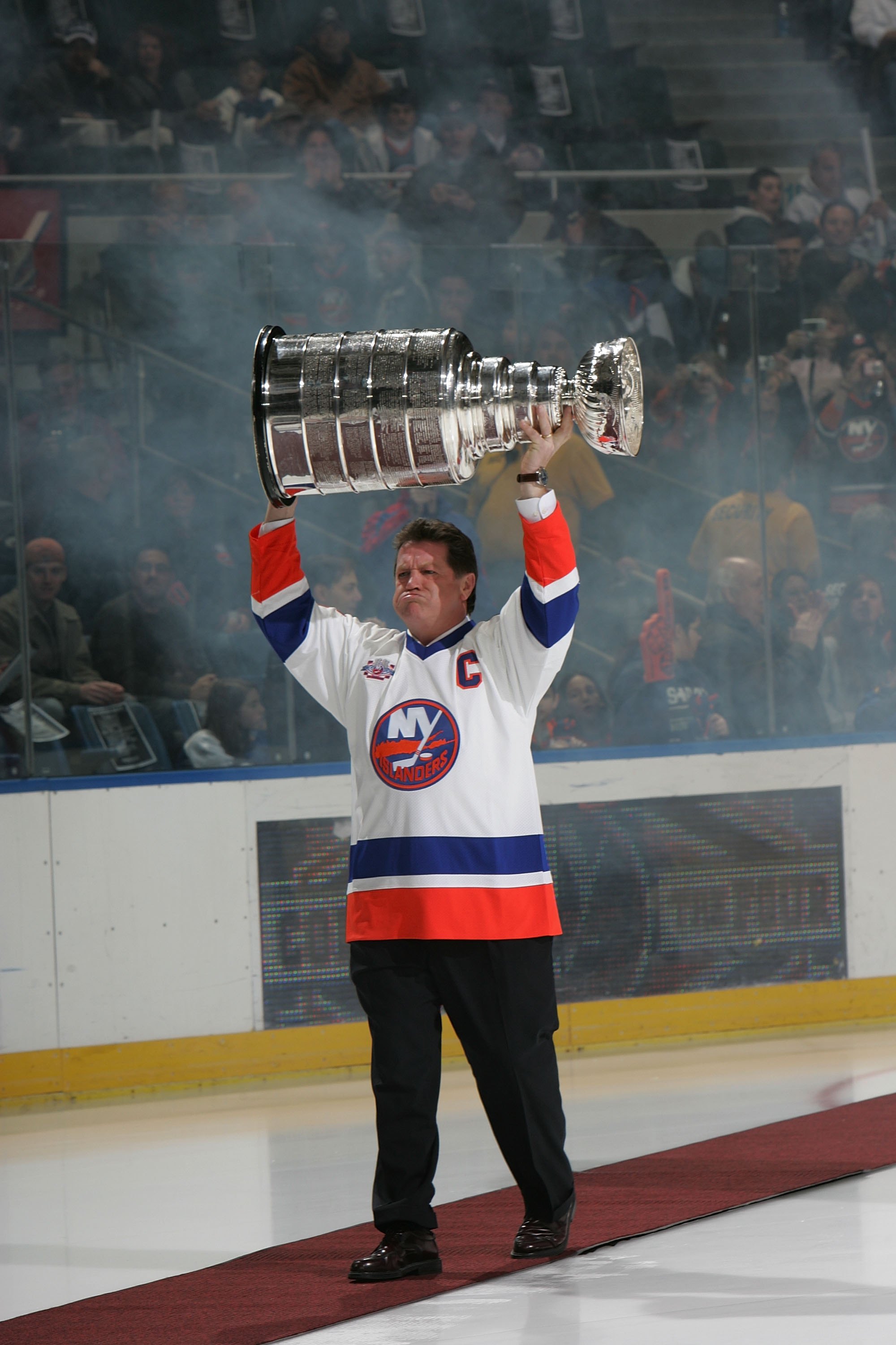 UNIONDALE, NY - MARCH 02:  Denis Potvin of 'The 'Core of the Four' New York Islanders Stanley Cup championships take part in a ceremony prior to the Islanders game against the Florida Panthers on March 2, 2008 at the Nassau Coliseum in Uniondale, New York