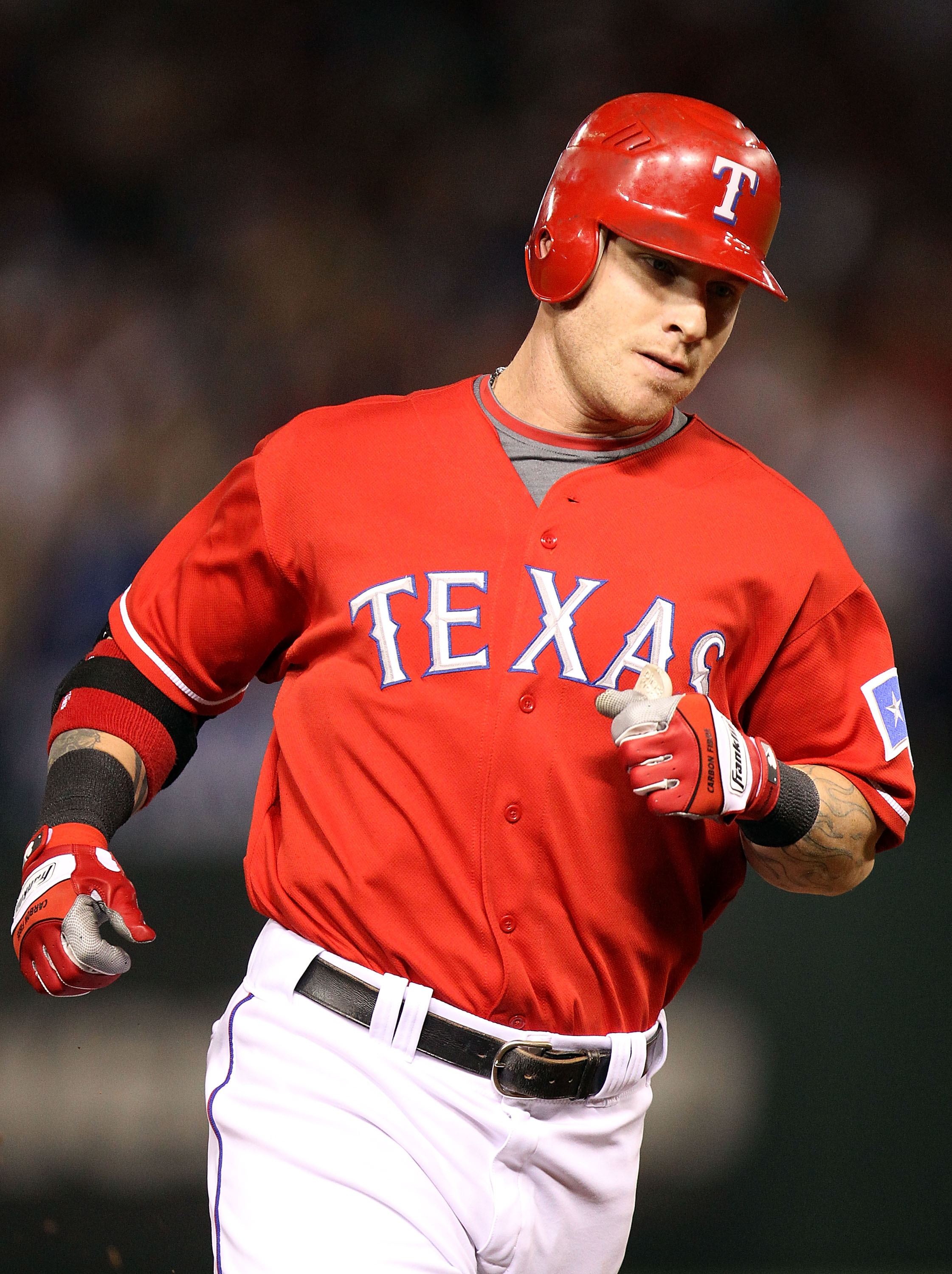 ARLINGTON, TX - OCTOBER 15:  Josh Hamilton #32 of the Texas Rangers rounds the bases on his 3-run home run in the bottom of the first inning against the New York Yankees in Game One of the ALCS during the 2010 MLB Playoffs at Rangers Ballpark in Arlington