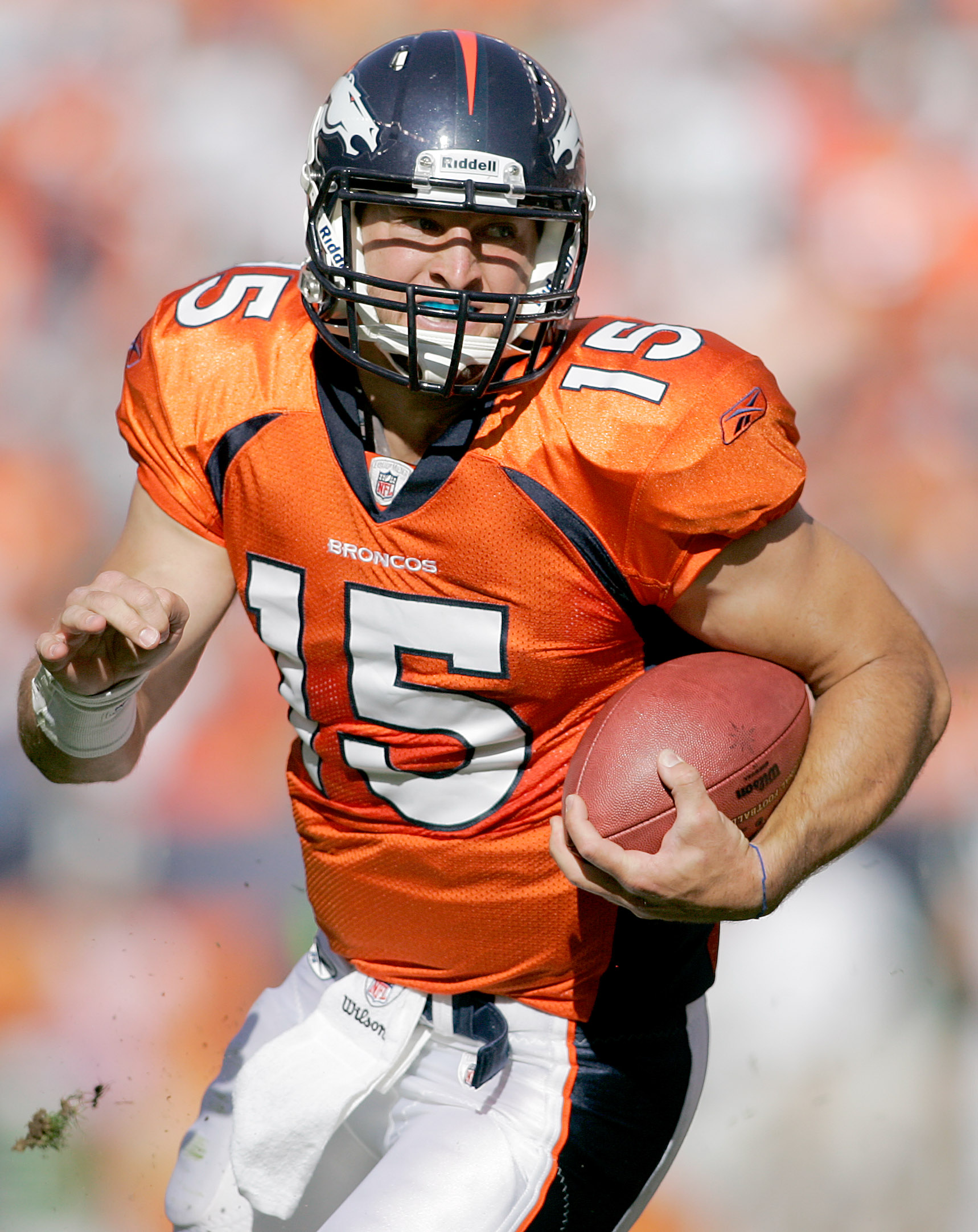 Denver Broncos quarterback Tim Tebow celebrates winning touchdown agains  the New York Jets at Sports Authority Field at Mile High in Denver on  November 17, 2011. Denver came from behind to defeat