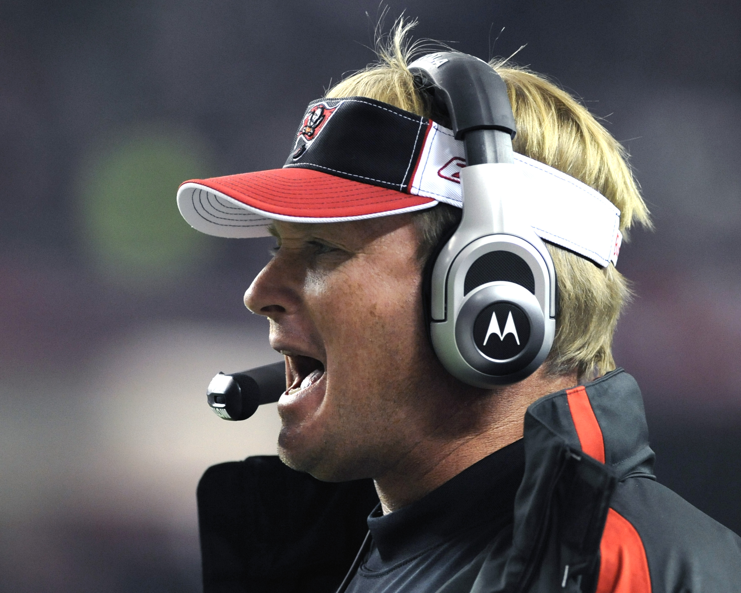 ATLANTA - DECEMBER 14: Coach Jon Gruden of the Tampa Bay Buccaneers directs play against the Atlanta Falcons at the Georgia Dome on December 14, 2008 in Atlanta, Georgia.  (Photo by Al Messerschmidt/Getty Images)