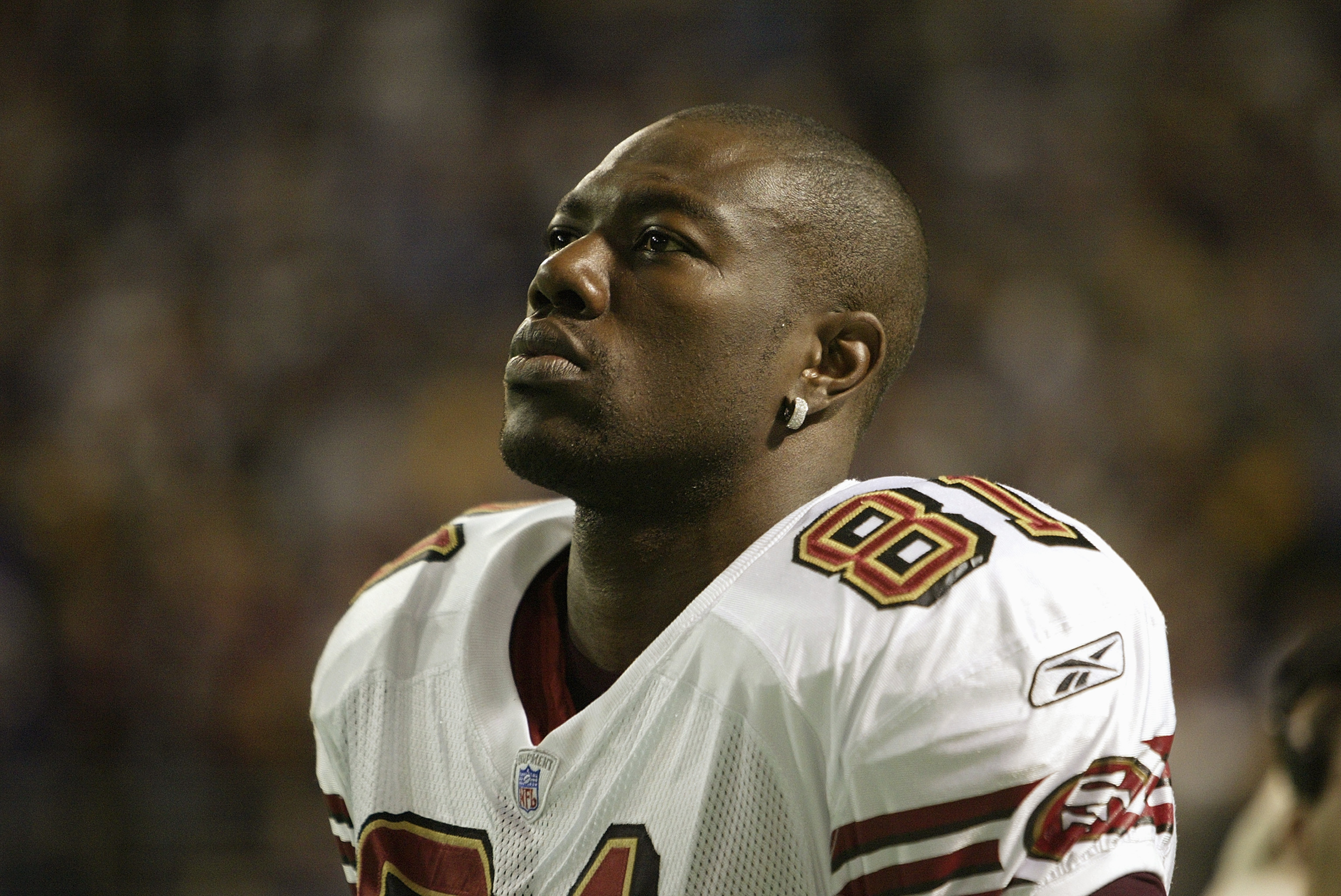 MINNEAPOLIS - SEPTEMBER 28:  Wide receiver Terrell Owens #81 of the San Francisco 49ers stands on the sidelines during the game agains the Minnesota Vikings at the Hubert H. Humphrey Metrodome on September 28, 2003 in Minneapolis, Minnesota. The Vikings d