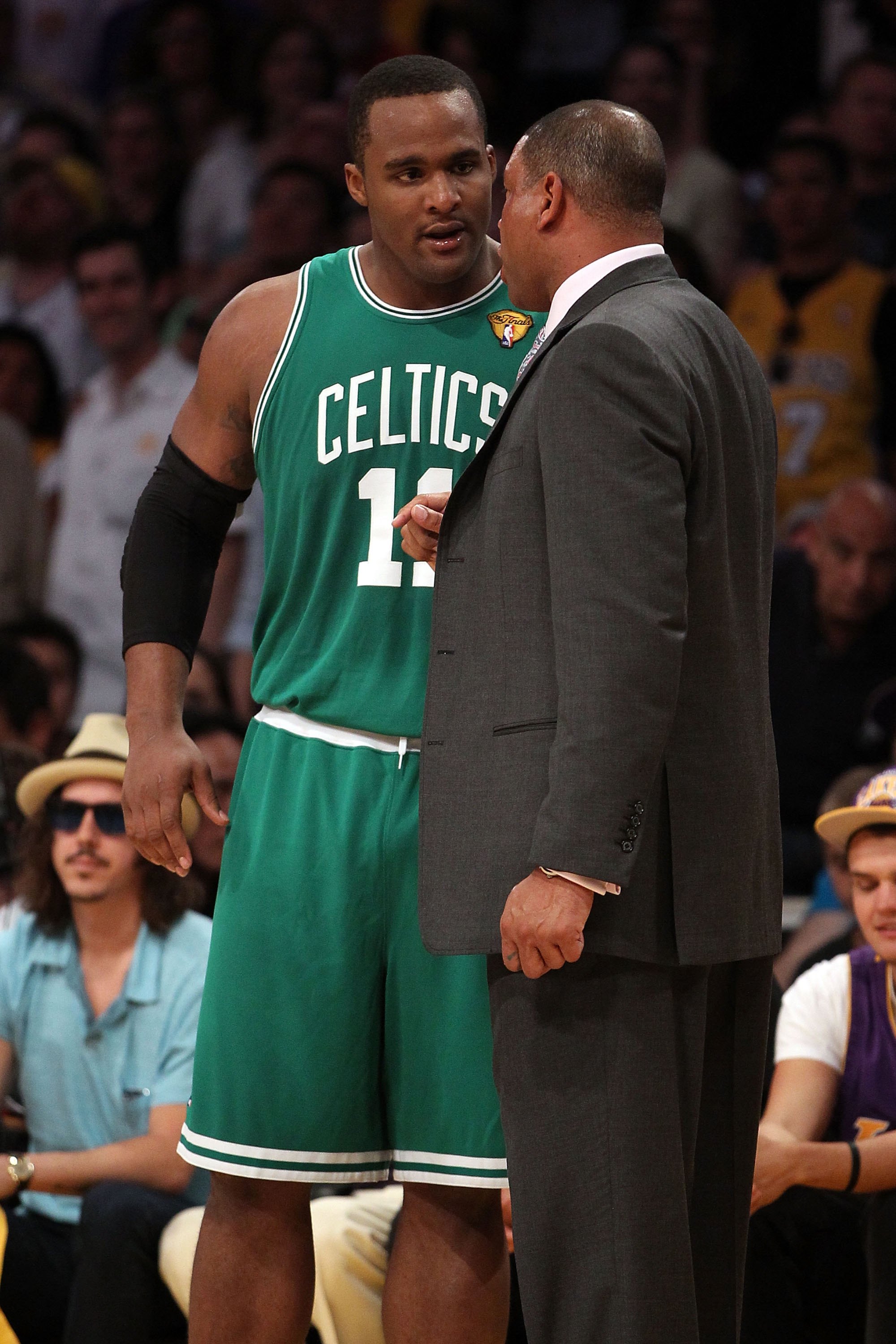 LOS ANGELES, CA - JUNE 17:  Head coach Doc Rivers of the Boston Celtics talks with Glen Davis #11 while taking on the Los Angeles Lakers in Game Seven of the 2010 NBA Finals at Staples Center on June 17, 2010 in Los Angeles, California.  NOTE TO USER: Use