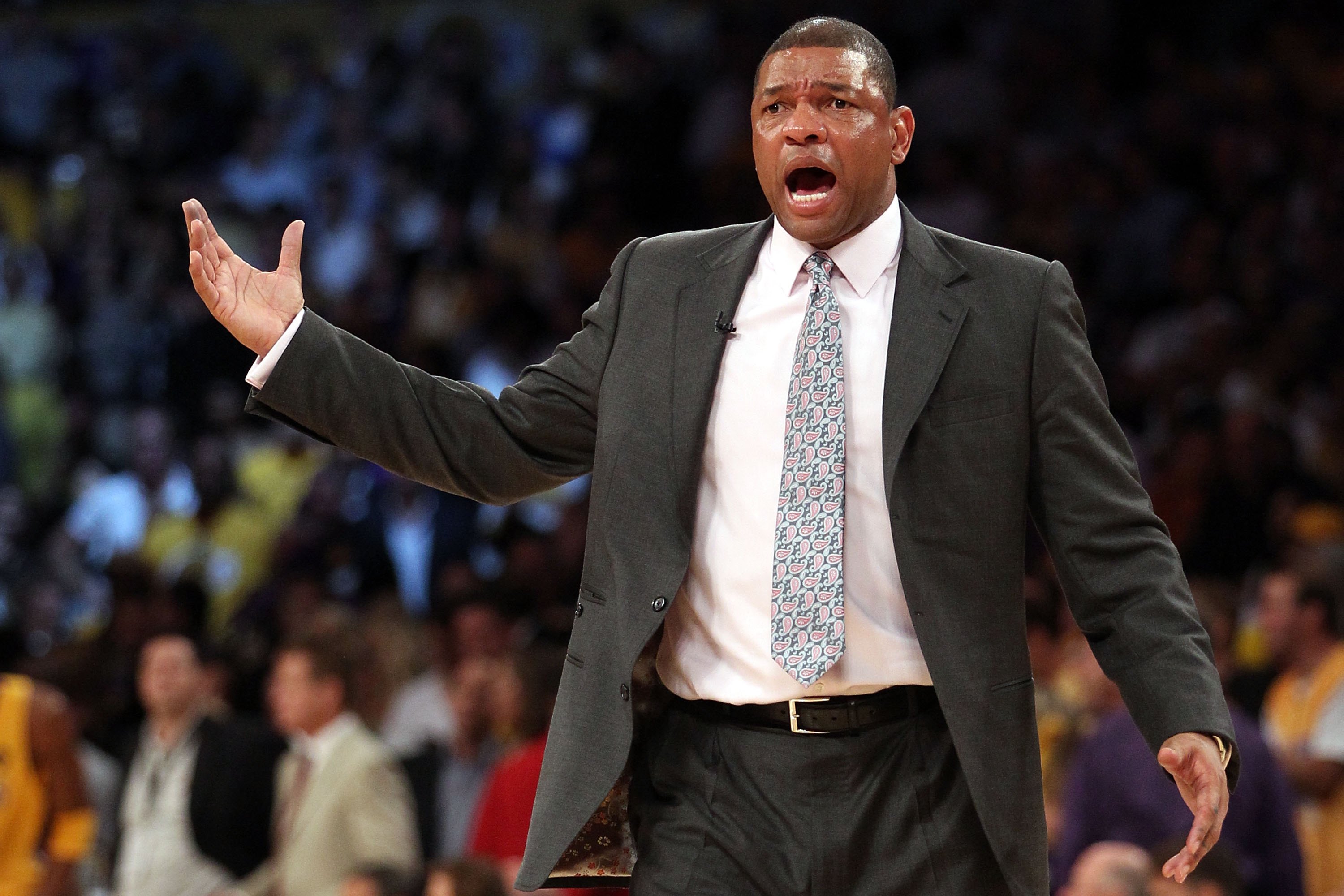 LOS ANGELES, CA - JUNE 17:  Head coach Doc Rivers of the Boston Celtics reacts while taking on the Los Angeles Lakers in Game Seven of the 2010 NBA Finals at Staples Center on June 17, 2010 in Los Angeles, California.  NOTE TO USER: User expressly acknowl