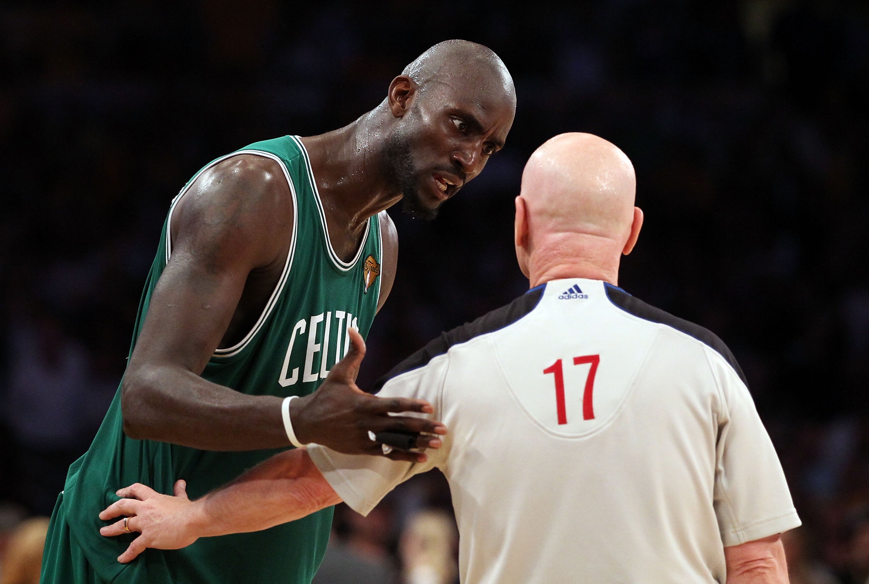 LOS ANGELES, CA - JUNE 17:  Kevin Garnett #5 of the Boston Celtics talks with referee Joe Crawford while taking on the Los Angeles Lakers in Game Seven of the 2010 NBA Finals at Staples Center on June 17, 2010 in Los Angeles, California.  NOTE TO USER: Us