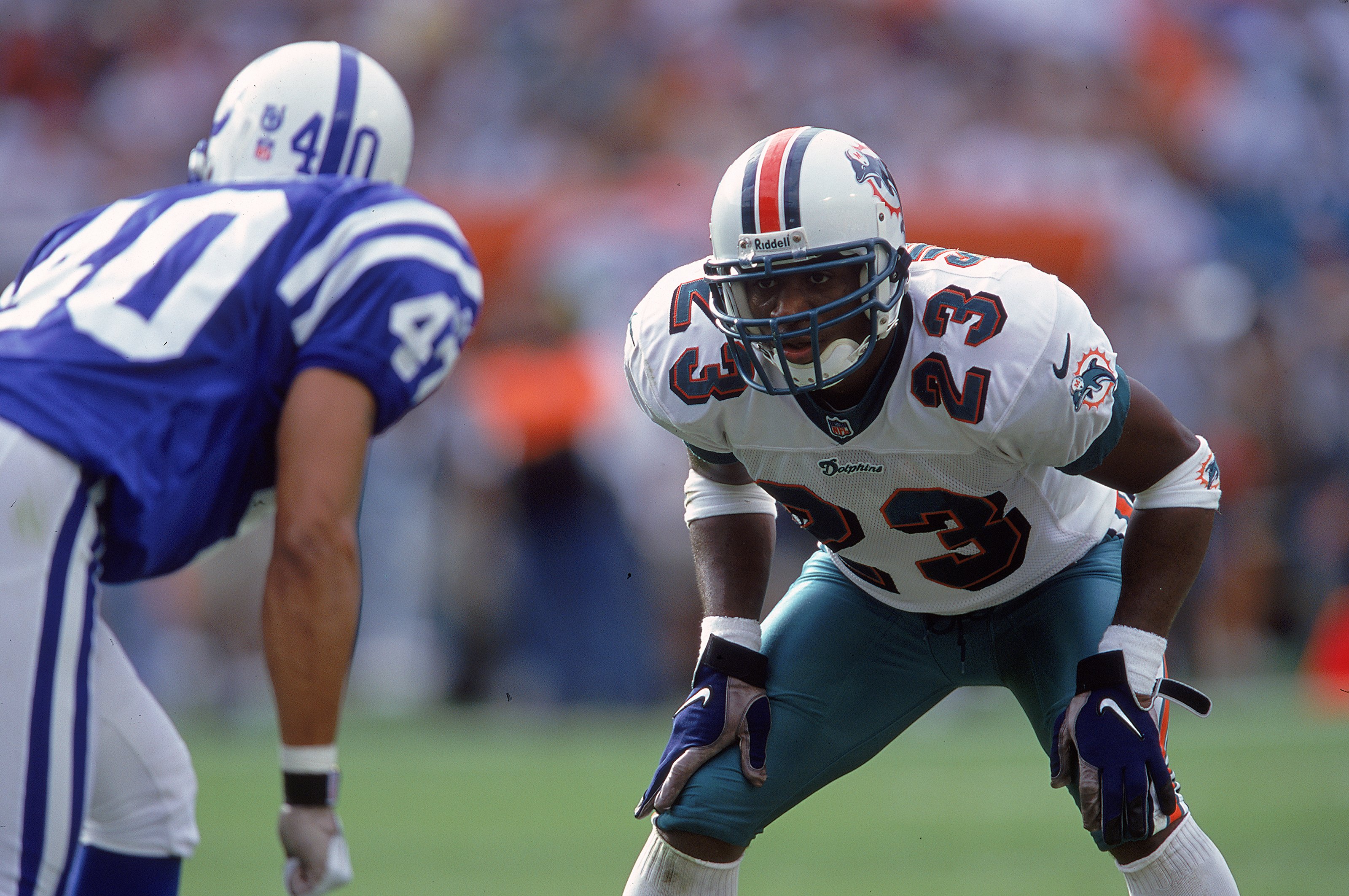 5 Dec 1999: Patrick Surtain #23 of the Miami Dolphins looks down his opponent during the game against the Indianapolis Colts at the Pro Player Stadium in Miami, Florida. The Colts defeated the Dolphins 37-34. Mandatory Credit: Andy Lyons  /Allsport