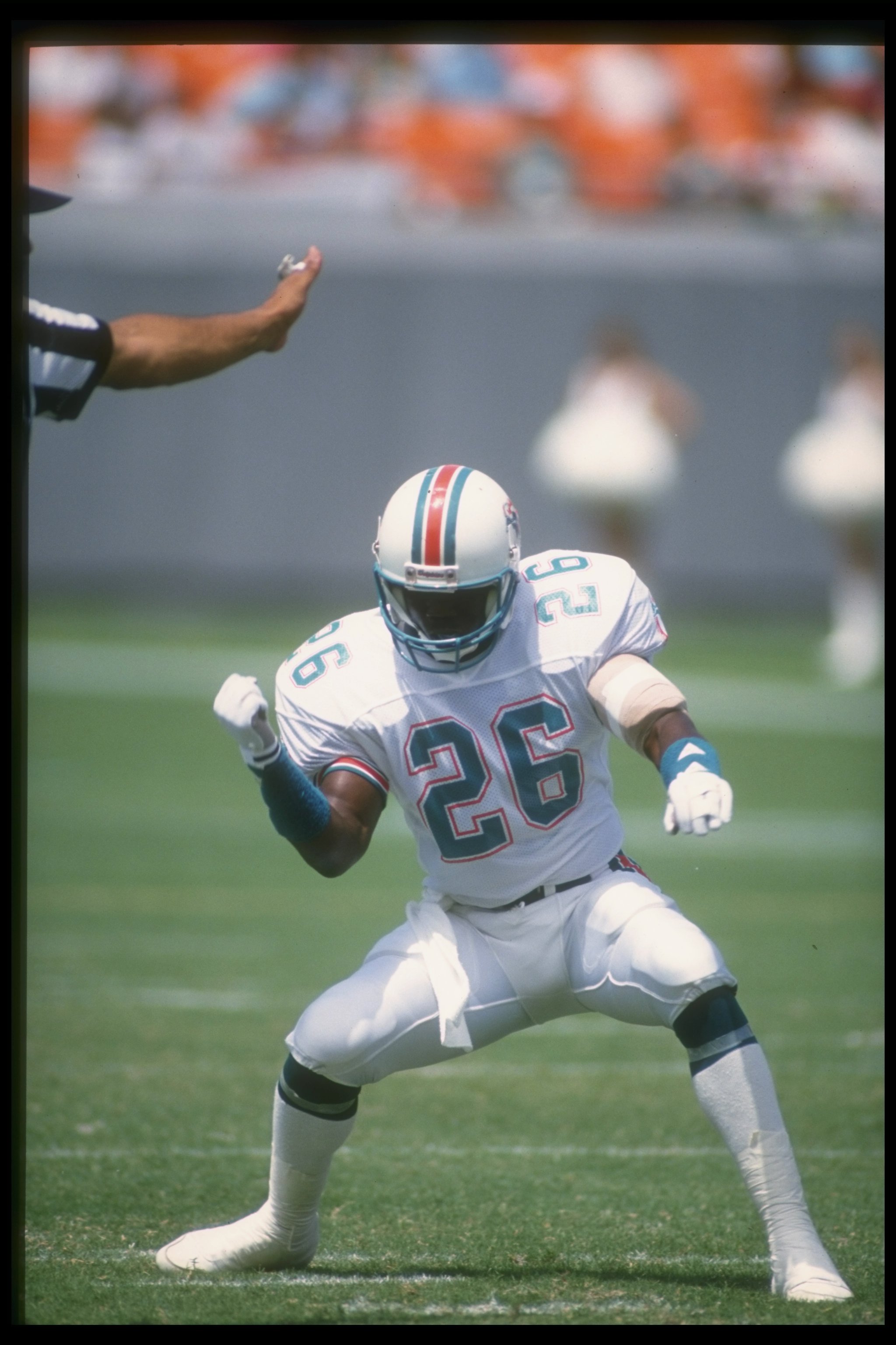 18 Sep 1988:  Defensive back Jarvis Williams of the Miami Dolphins celebrates during a game against the Green Bay Packers at Lambeau Field in Green Bay, Wisconsin.  The Dolphins won the game, 24-17. Mandatory Credit: Allen Dean Steele  /Allsport