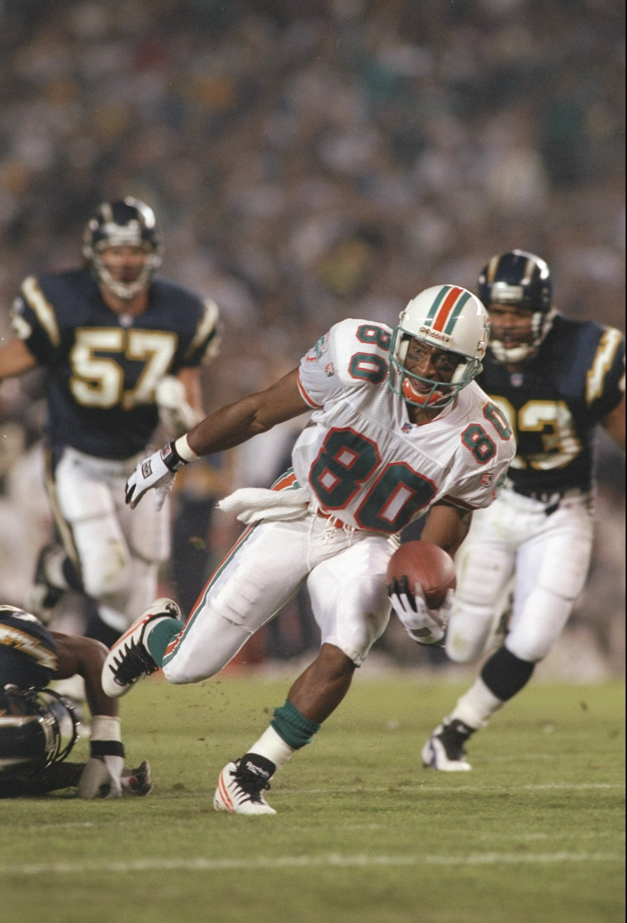 5 Nov 1995:  Wide receiver Irving Fryar of the Miami Dolphins moves the ball during a game against the San Diego Chargers at Jack Murphy Stadium in San Diego, California.  The Dolphins won the game, 24-14. Mandatory Credit: Jed Jacobsohn  /Allsport