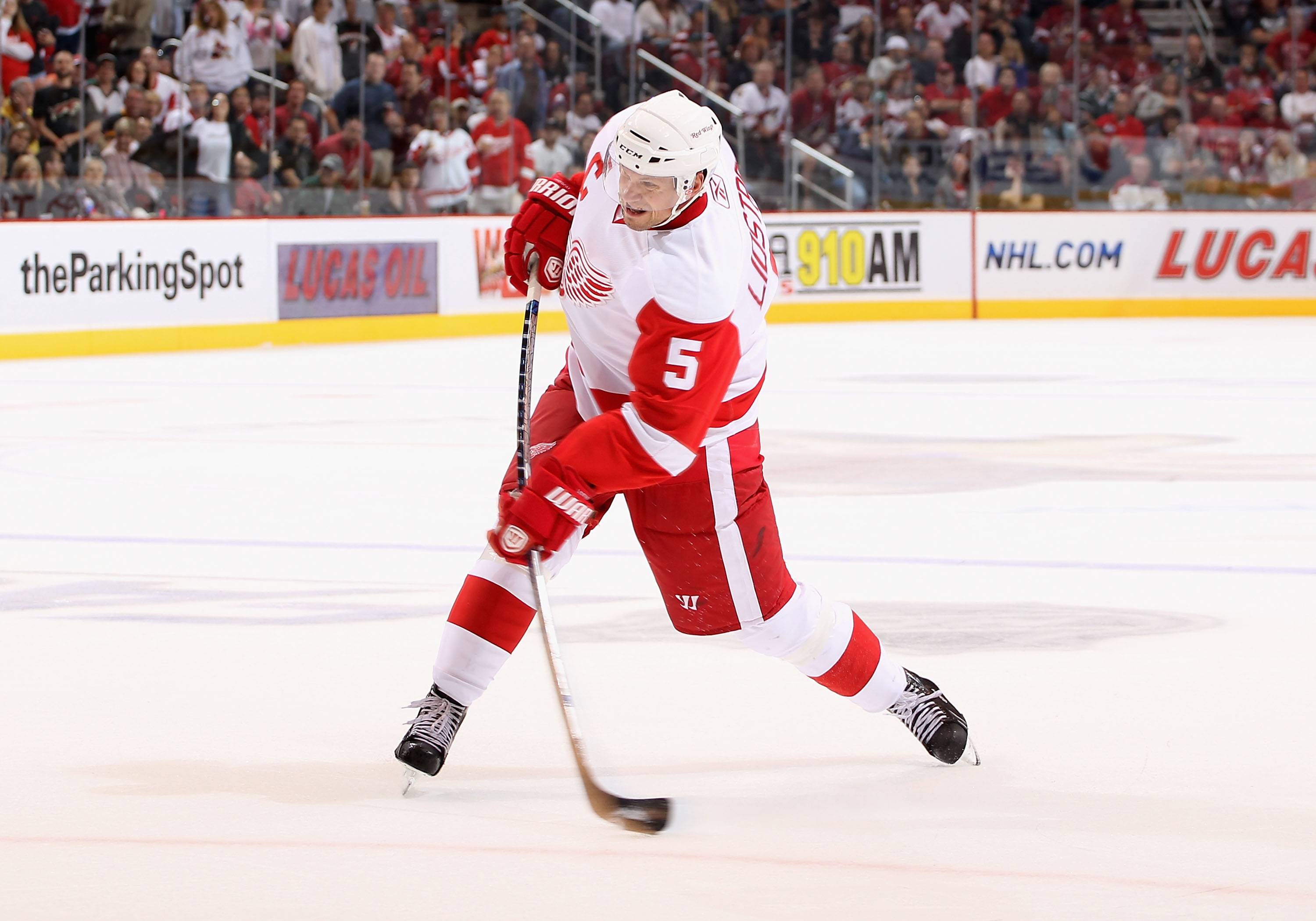 GLENDALE, AZ - OCTOBER 16:  Nicklas Lidstrom #5 of the Detroit Red Wings shoots the puck during the NHL game against the Phoenix Coyotes at Jobing.com Arena on October16, 2010 in Glendale, Arizona.  The Red Wings defeated the Coyotes 2-1 in overtime.  (Ph