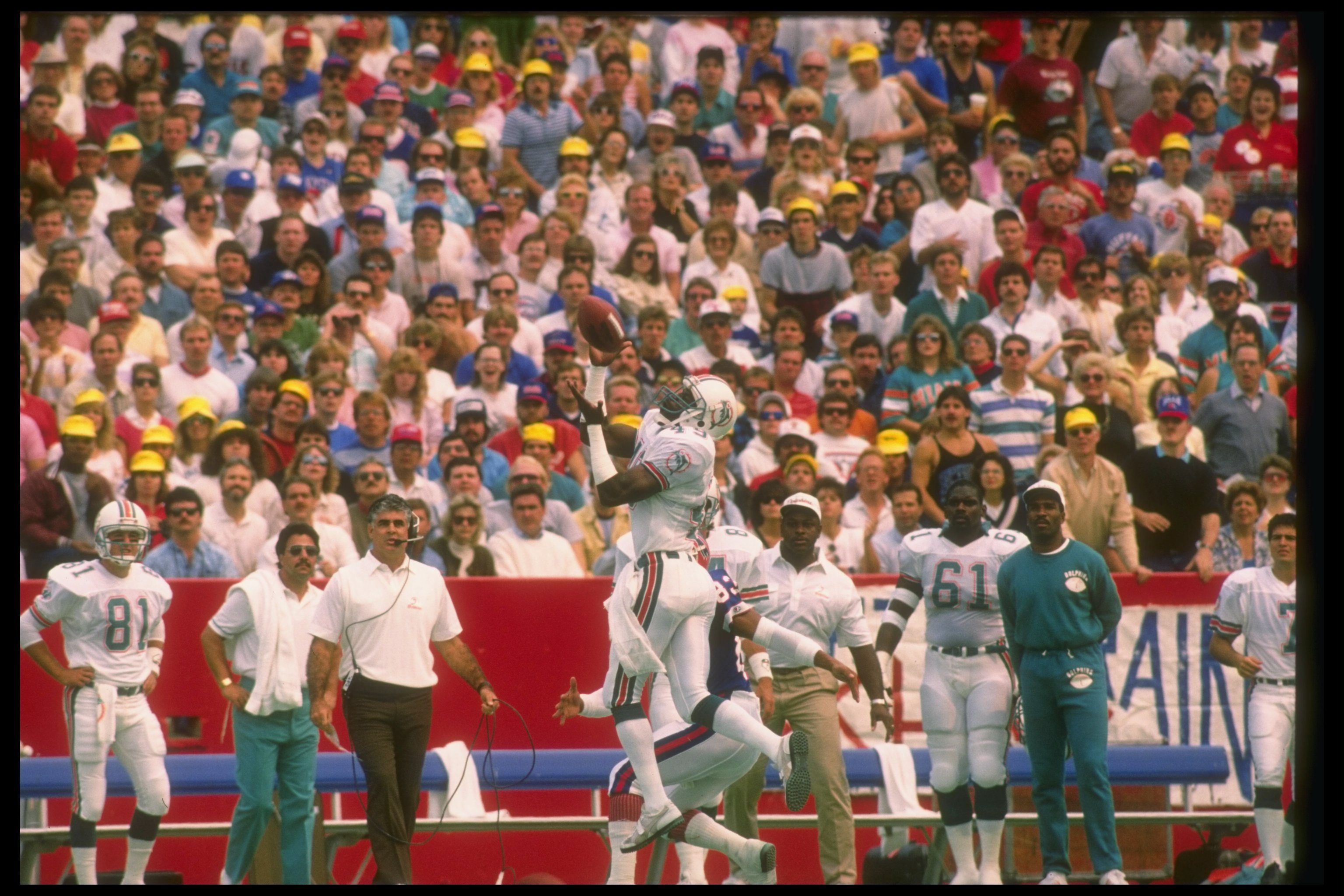 11 Sep 1988:  Defensive back William Judson of the Miami Dolphins goes up for the ball during a game against the Buffalo Bills at Joe Robbie Stadium in Miami, Florida.  The Bills won the game, 9-6. Mandatory Credit: Rick Stewart  /Allsport