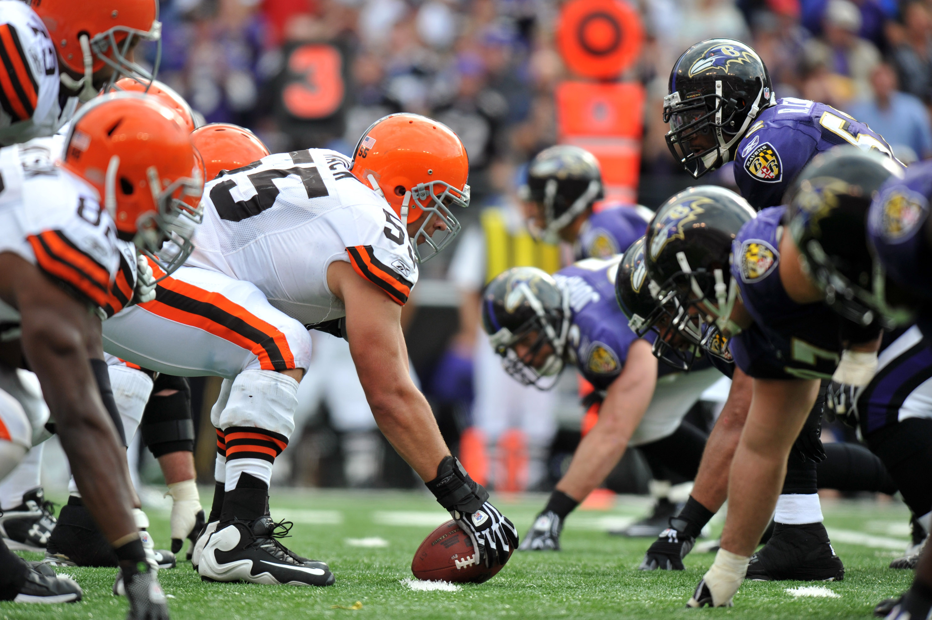 BALTIMORE - SEPTEMBER 26:  Alex Mack #55 of the Cleveland Browns snaps the ball against the Baltimore Ravens  at M&T Bank Stadium on September 26, 2010 in Baltimore, Maryland. The Ravens defeated the Browns 24-17. (Photo by Larry French/Getty Images)