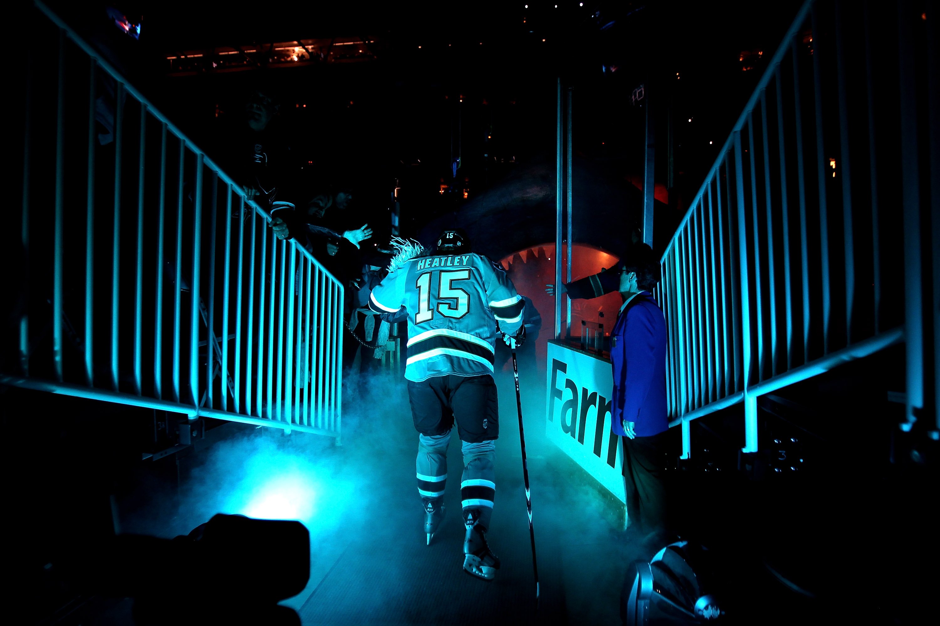 SAN JOSE, CA - APRIL 29:  Dany Heatley #15 of the San Jose Sharks walks on to the ice for their game against the Detroit Red Wings in Game One of the Western Conference Semifinals during the 2010 NHL Stanley Cup Playoffs at HP Pavilion on April 29, 2010 i