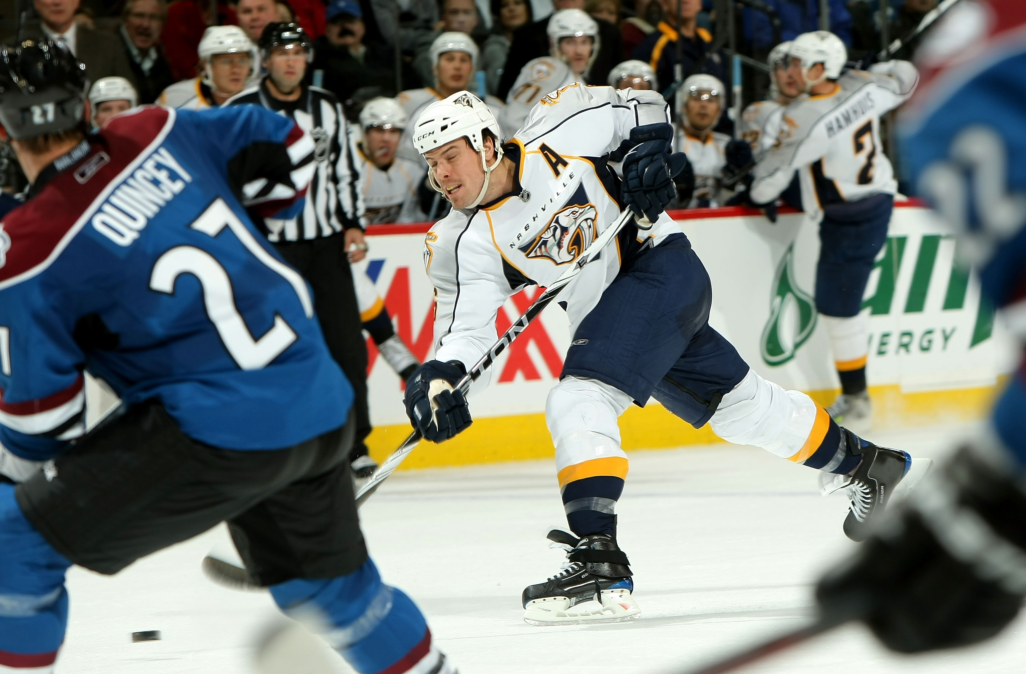 DENVER - NOVEMBER 25:  Shea Weber #6 of the Nashville Predators takes a shot against the Colorado Avalanche during NHL action at the Pepsi Center on November 25, 2009 in Denver, Colorado.  (Photo by Doug Pensinger/Getty Images)