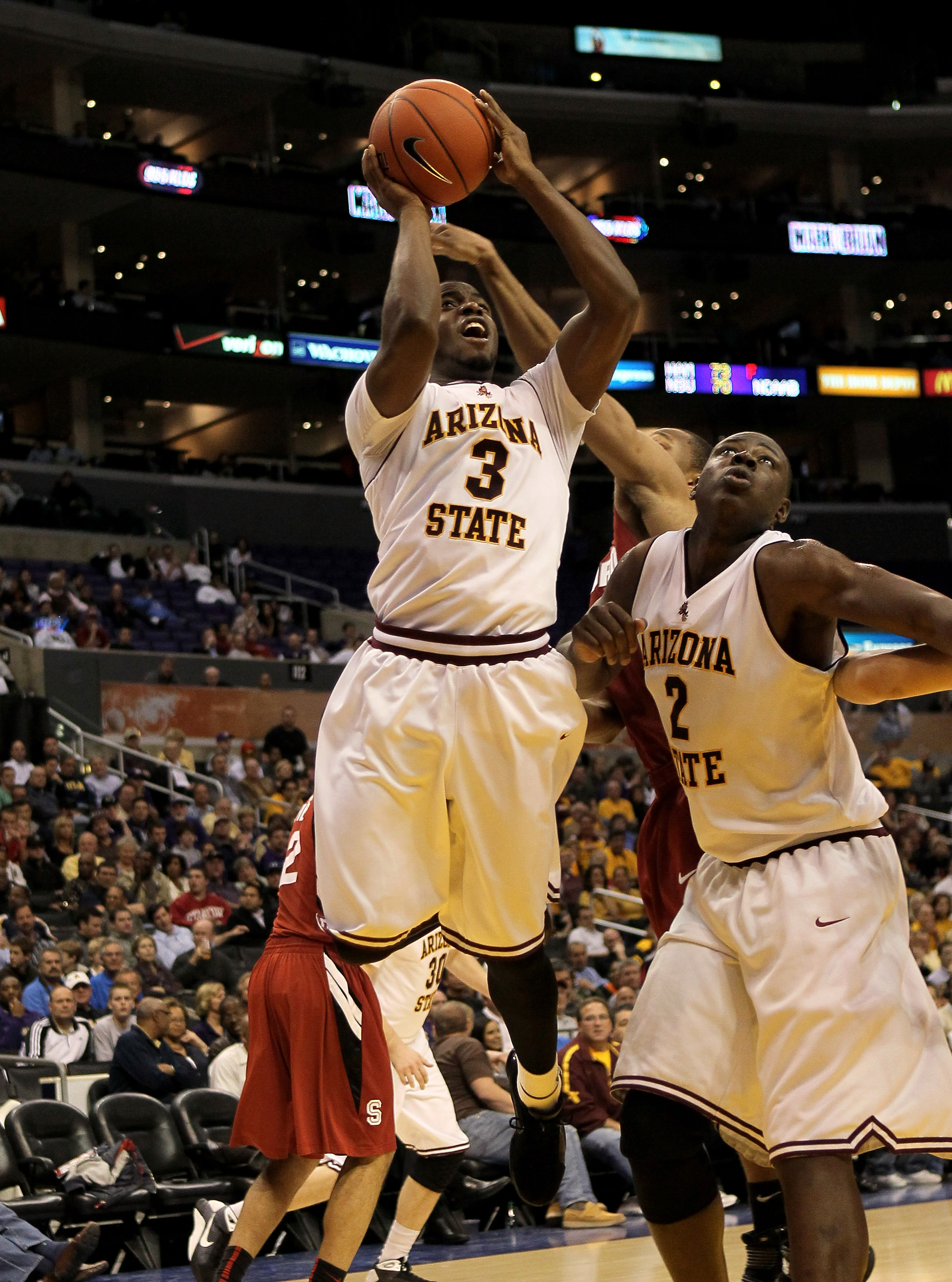 LOS ANGELES - MARCH 11: Ty Abbott #3 of the Arizona State Sun Devils shoots against the Stanford Cardinal during the quarterfinals of the Pac-10 Basketball Tournament at Staples Center on March 11, 2010 in Los Angeles, California. Stanford won 70-61. (P