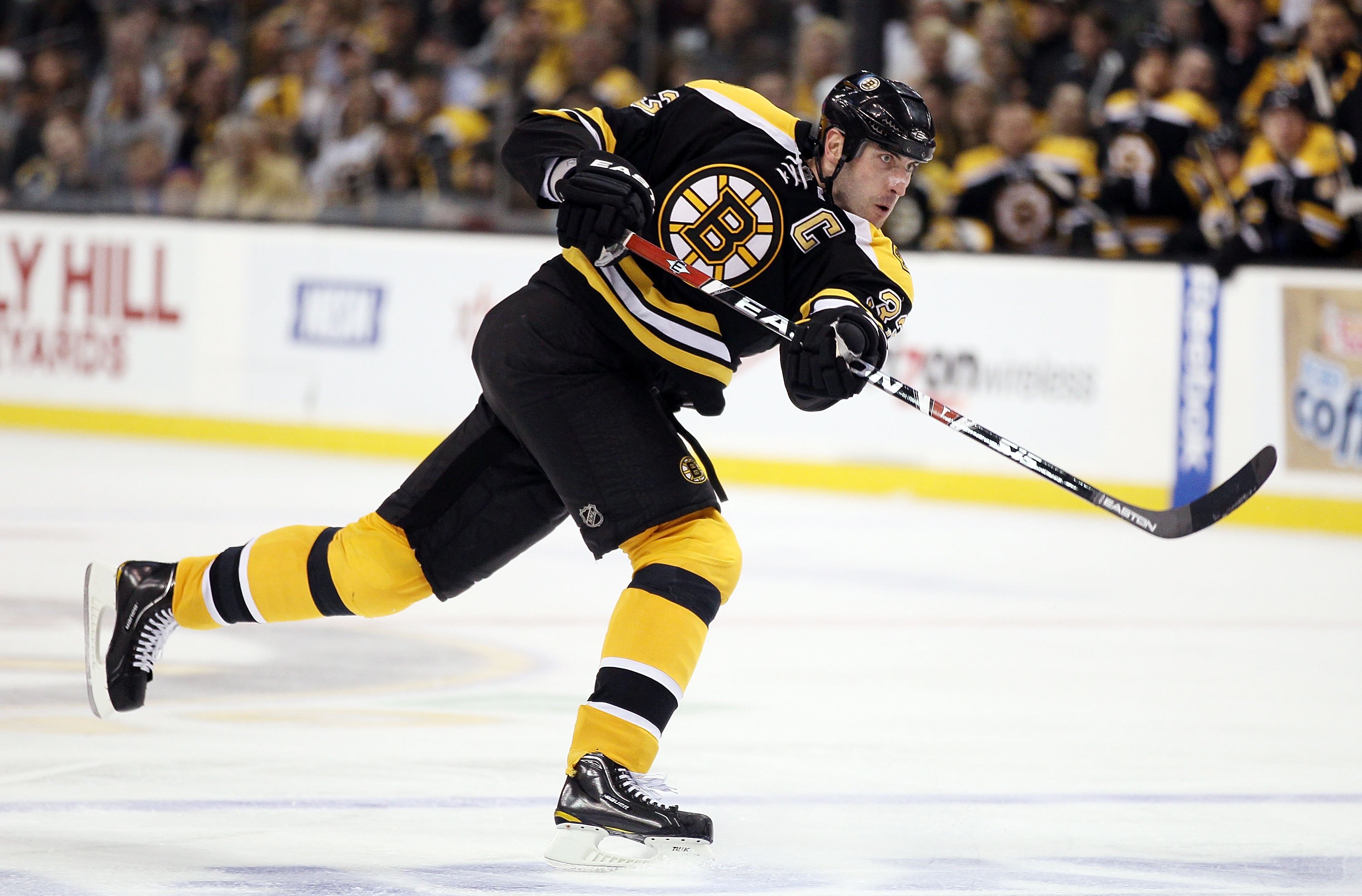 BOSTON - MAY 01:  Zdeno Chara #33 of the Boston Bruins takes a shot against the Philadelphia Flyers in Game One of the Eastern Conference Semifinals during the 2010 NHL Stanley Cup Playoffs at TD Garden on May 1, 2010 in Boston, Massachusetts. The Bruins 