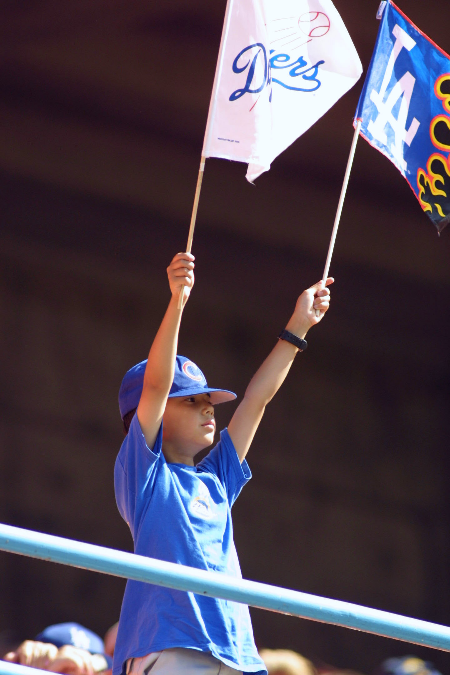 10 Jun 2001:  A young Dodger fan shows his support for the Dodgers during the Dodgers v Angels game at Dodger Stadium in Los Angeles, California.  The Angels beat the Dodgers 6-5 in 10 innings.  DIGITAL IMAGE Mandatory Credit: Christopher Ruppel/ALLSPORT
