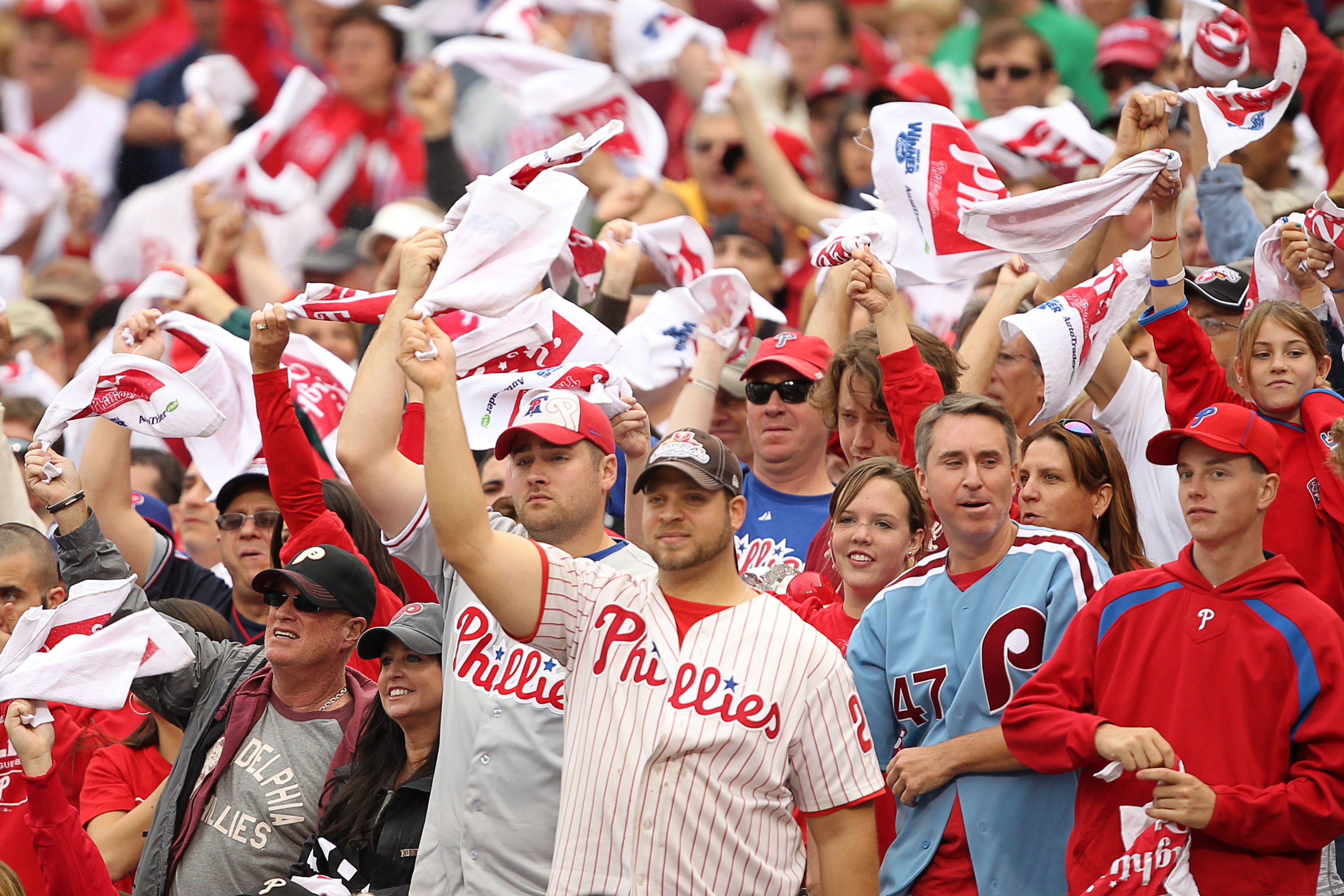 PHILADELPHIA - SEPTEMBER 26: Philadelphia Phillies fans wave rally towels during a game against the New York Mets at Citizens Bank Park on September 26, 2010 in Philadelphia, Pennsylvania. (Photo by Hunter Martin/Getty Images)