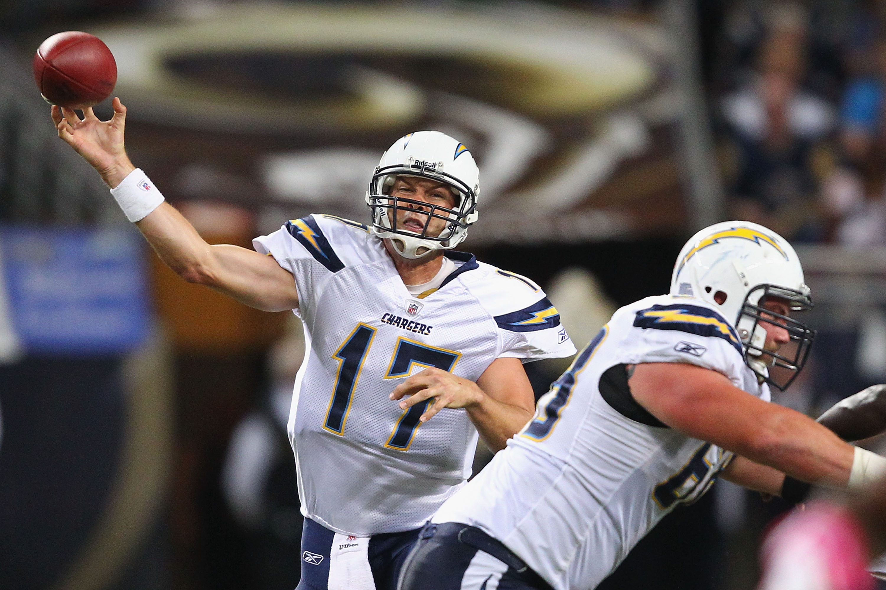 ST. LOUIS - OCTOBER 17: Philip Rivers #17 of the San Diego Chargers passes against the St. Louis Rams at the Edward Jones Dome on October 17, 2010 in St. Louis, Missouri.  The Rams beat the Chargers 20-17.  (Photo by Dilip Vishwanat/Getty Images)