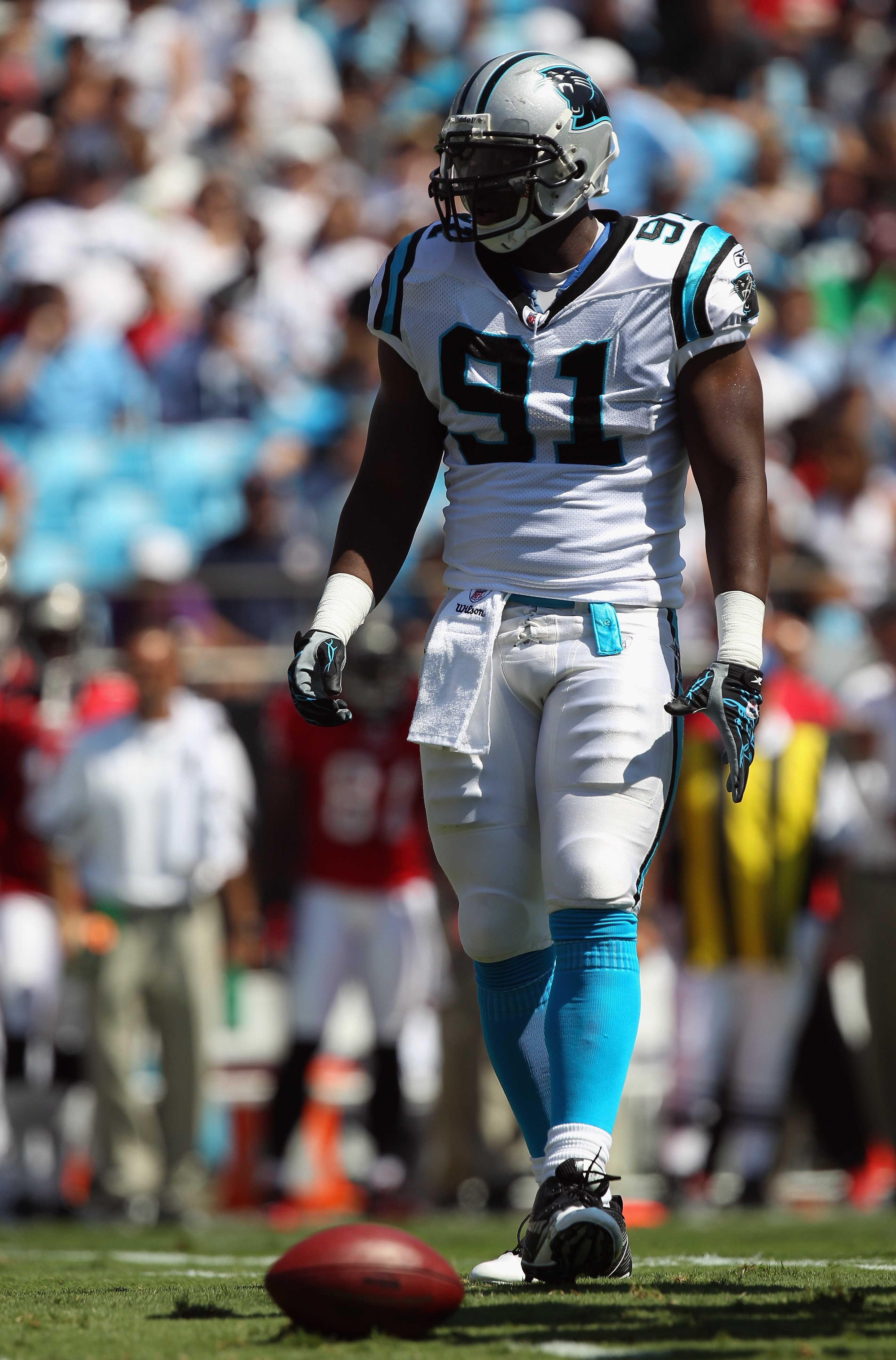 Carolina Panthers' Everette Brown (91) looks on during football