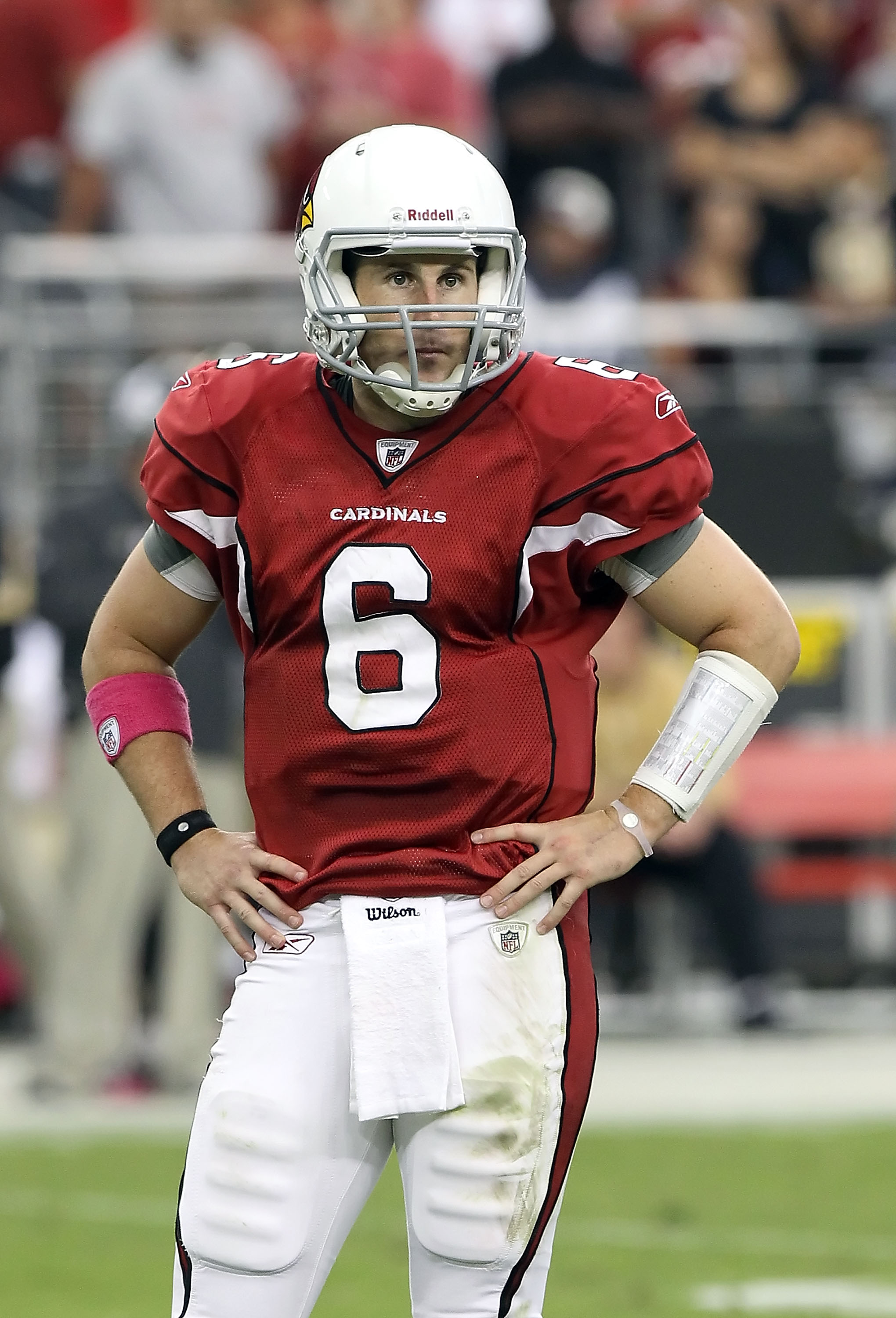 GLENDALE, AZ - OCTOBER 10:  Quarterback Max Hall #6 of the Arizona Cardinals during the NFL game against the New Orleans Saints at the University of Phoenix Stadium on October 10, 2010 in Glendale, Arizona. The Cardinals defeated the Saints 30-20.  (Photo