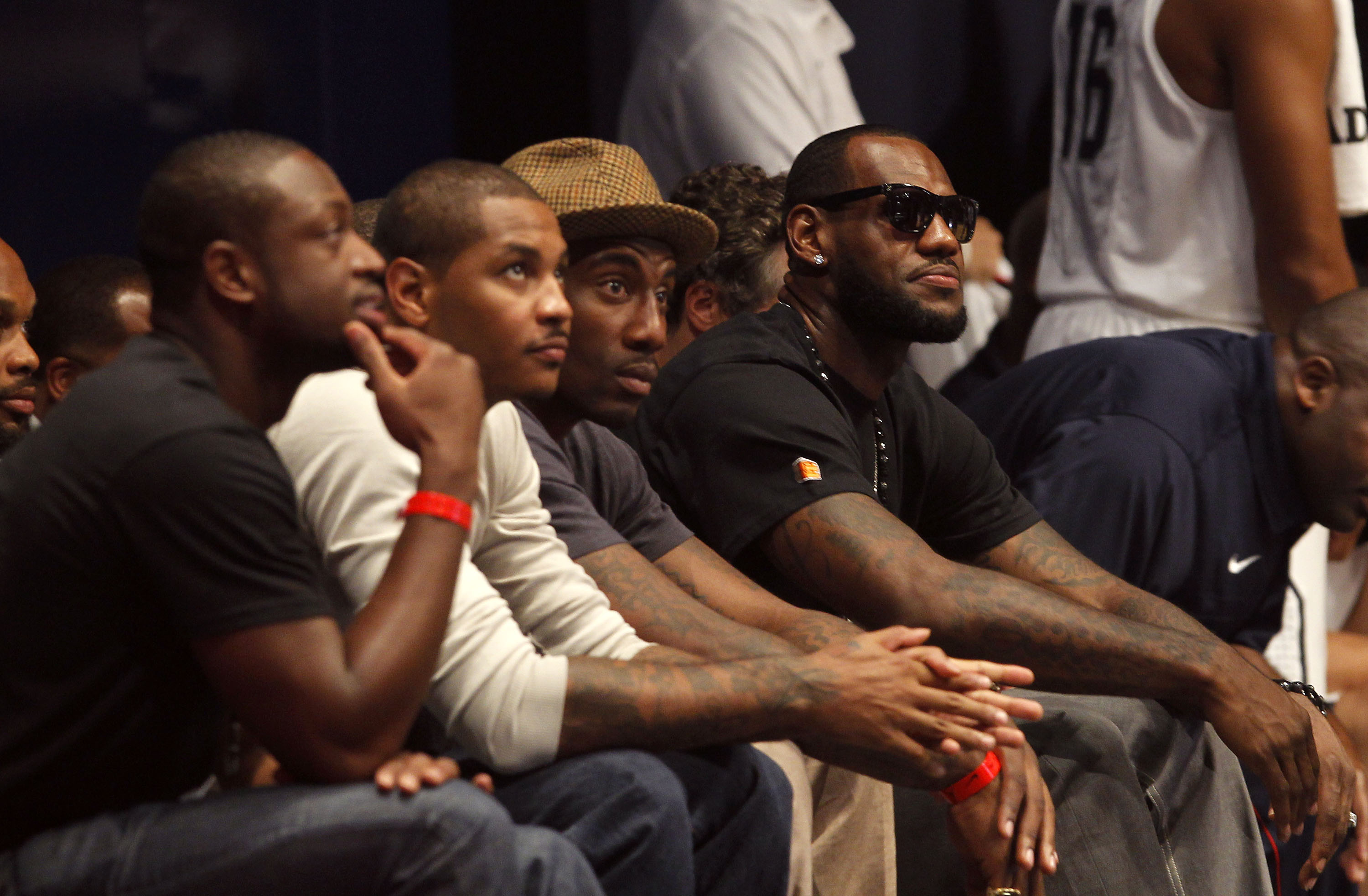 NEW YORK CITY, NY - AUGUST 12:  (L-R) Dwyane Wade, Carmelo Anthony, Amar'e Stoudemire and LeBron James look on during the World Basketball Festival USAB Showcase at Radio City Music Hall on August 12, 2010 in New York City.  (Photo by Chris Trotman/Getty