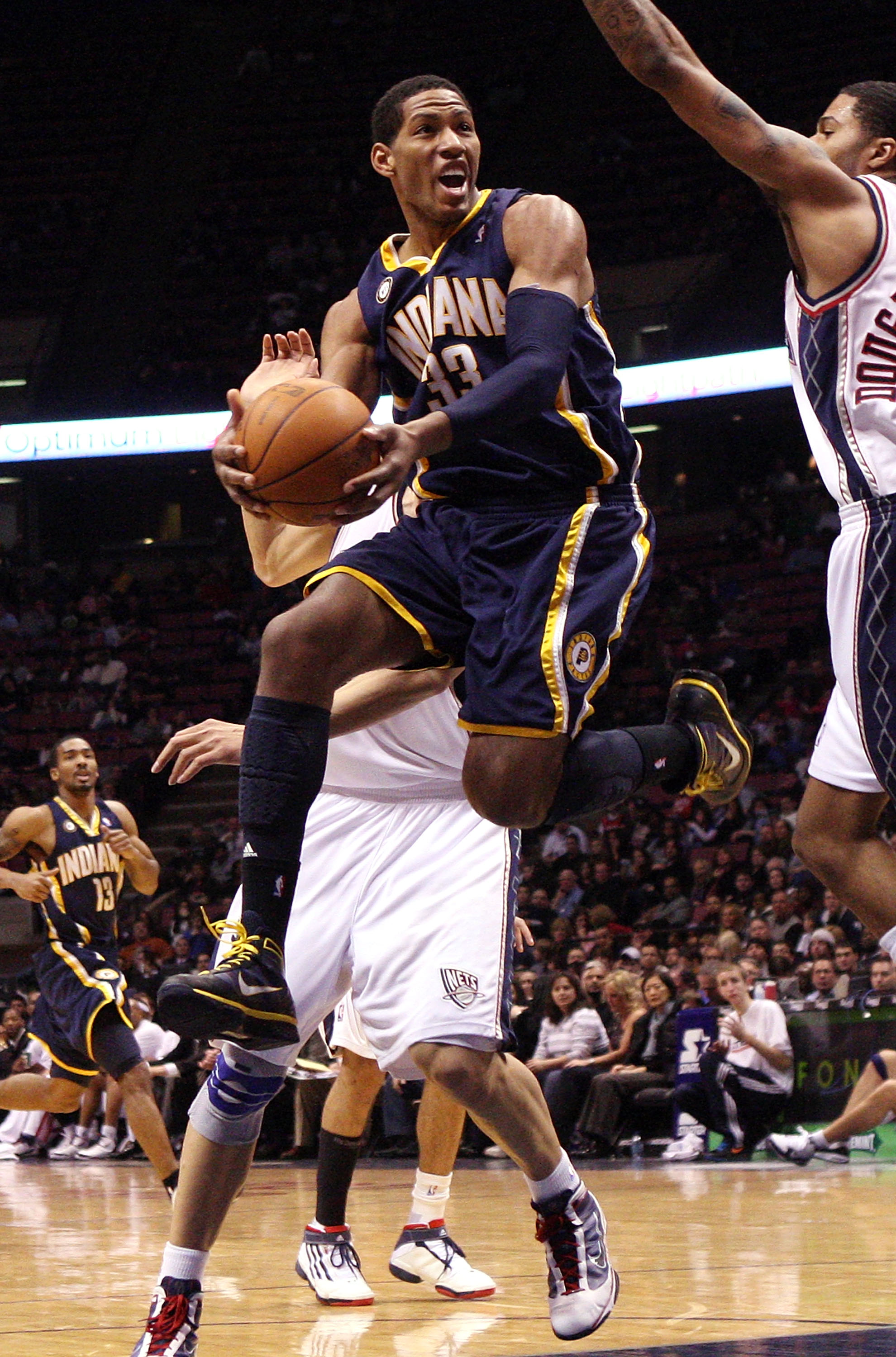 EAST RUTHERFORD, NJ - JANUARY 15:  Danny Granger #33 of the Indiana Pacers drives to the basket against the New Jersey Nets at the Izod Center on January 15, 2010 in East Rutherford, New Jersey. NOTE TO USER: User expressly acknowledges and agrees that, b