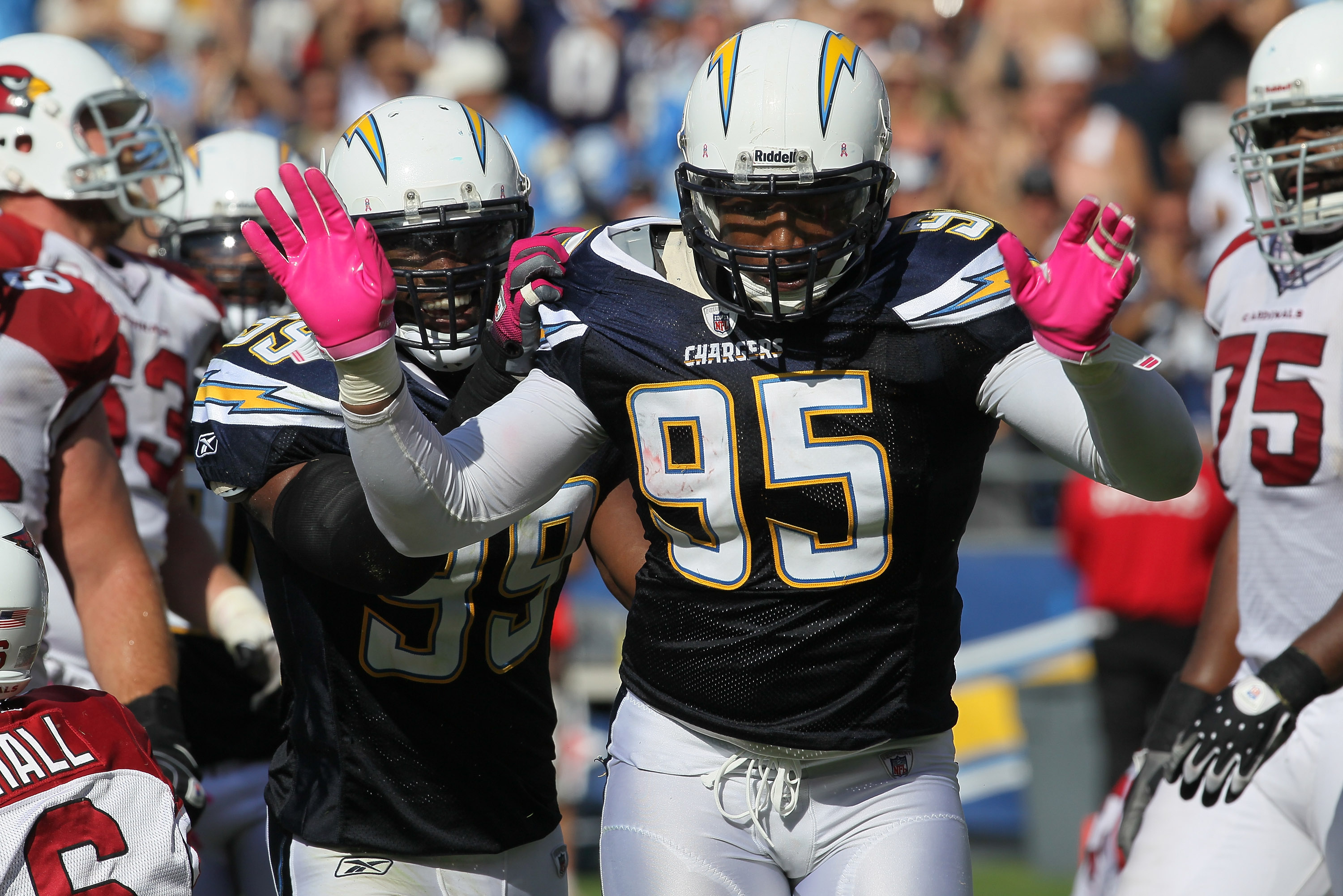 San Diego Chargers linebacker Shaun Phillips (95) celebrates after