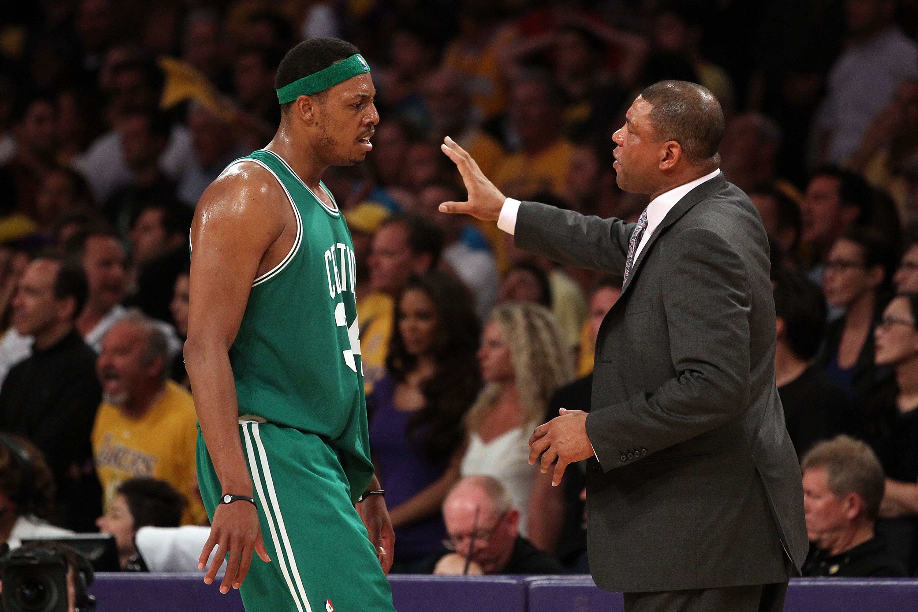 LOS ANGELES, CA - JUNE 17:  Head coach Doc Rivers of the Boston Celtics talks with Paul Pierce #34 while taking on the Los Angeles Lakers in Game Seven of the 2010 NBA Finals at Staples Center on June 17, 2010 in Los Angeles, California.  NOTE TO USER: Us