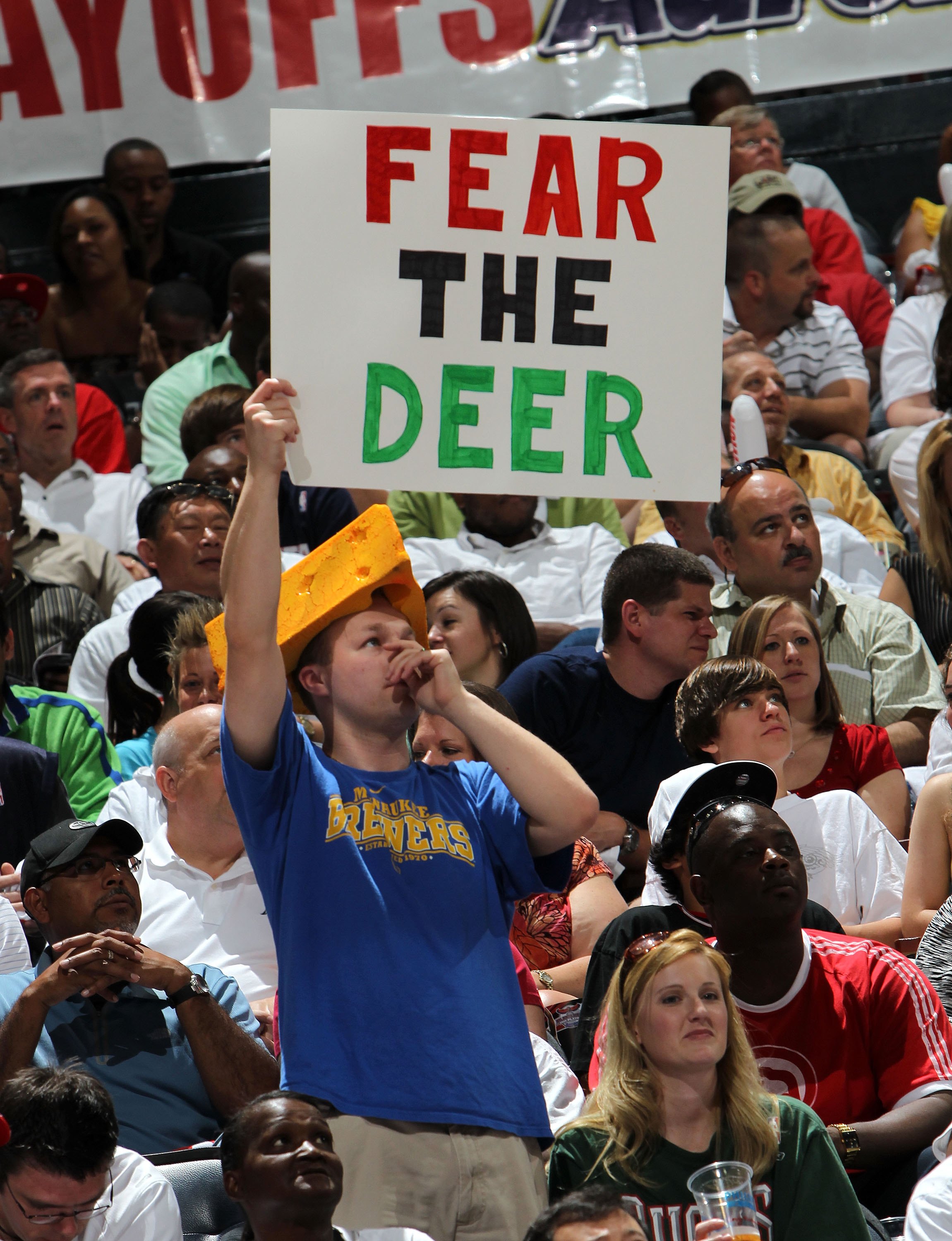 ATLANTA - MAY 2:  A fan holds up a 'Fear the Deer' sign during Game Seven of the Eastern Conference Quarterfinals between the Milwaukee Bucks and the Atlanta Hawks during the 2010 NBA Playoffs at Philips Arena on May 2, 2010 in Atlanta, Georgia. NOTE TO U