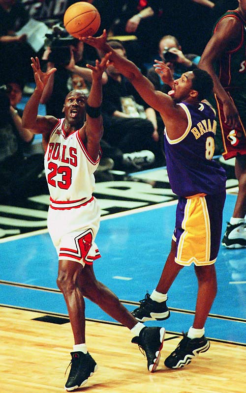 Michael and Kobe battling for a rebound in the 1998 All-Star Game